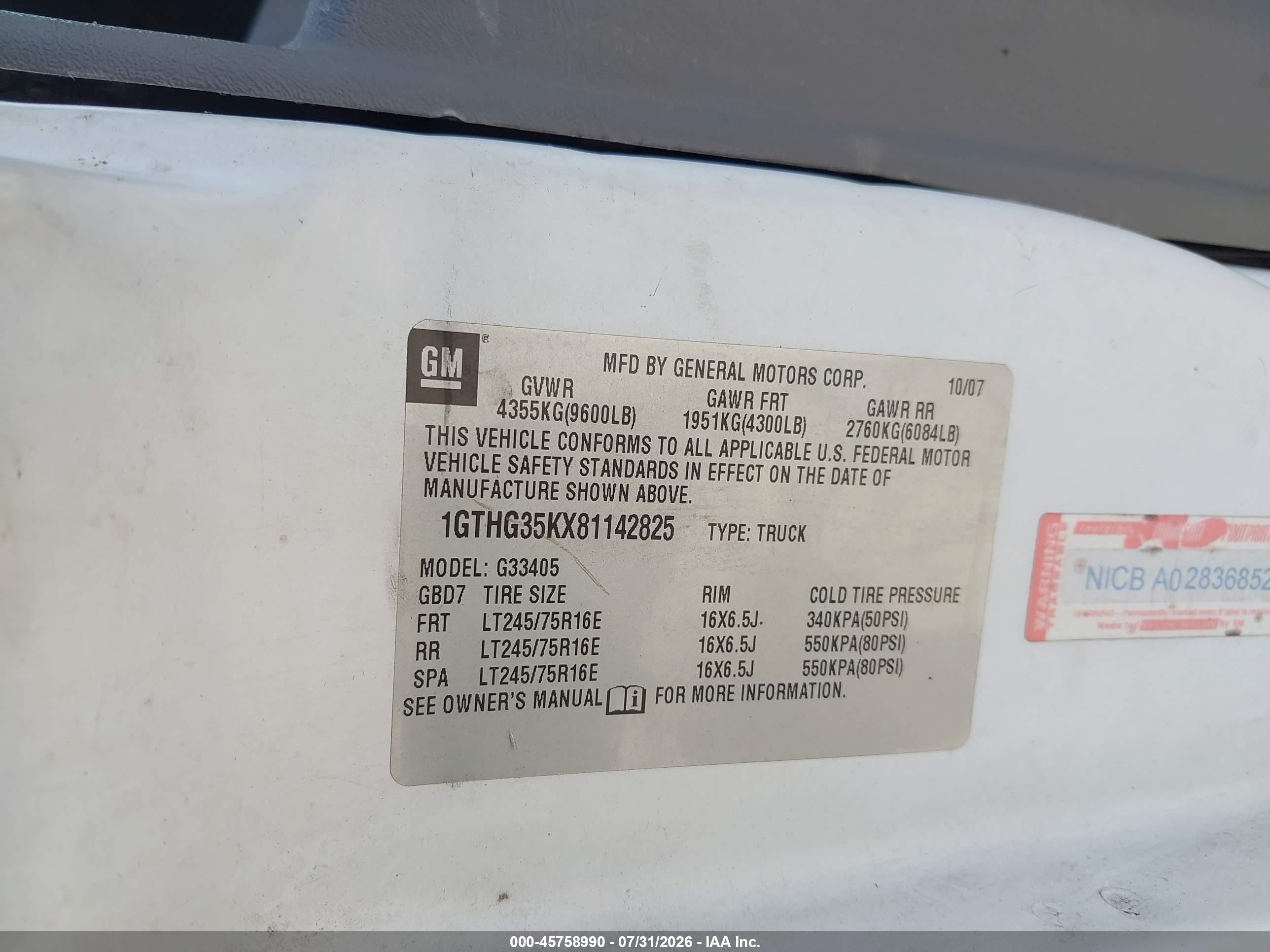 2008 Gmc Savana Work Van White vin: 1GTHG35KX81142825