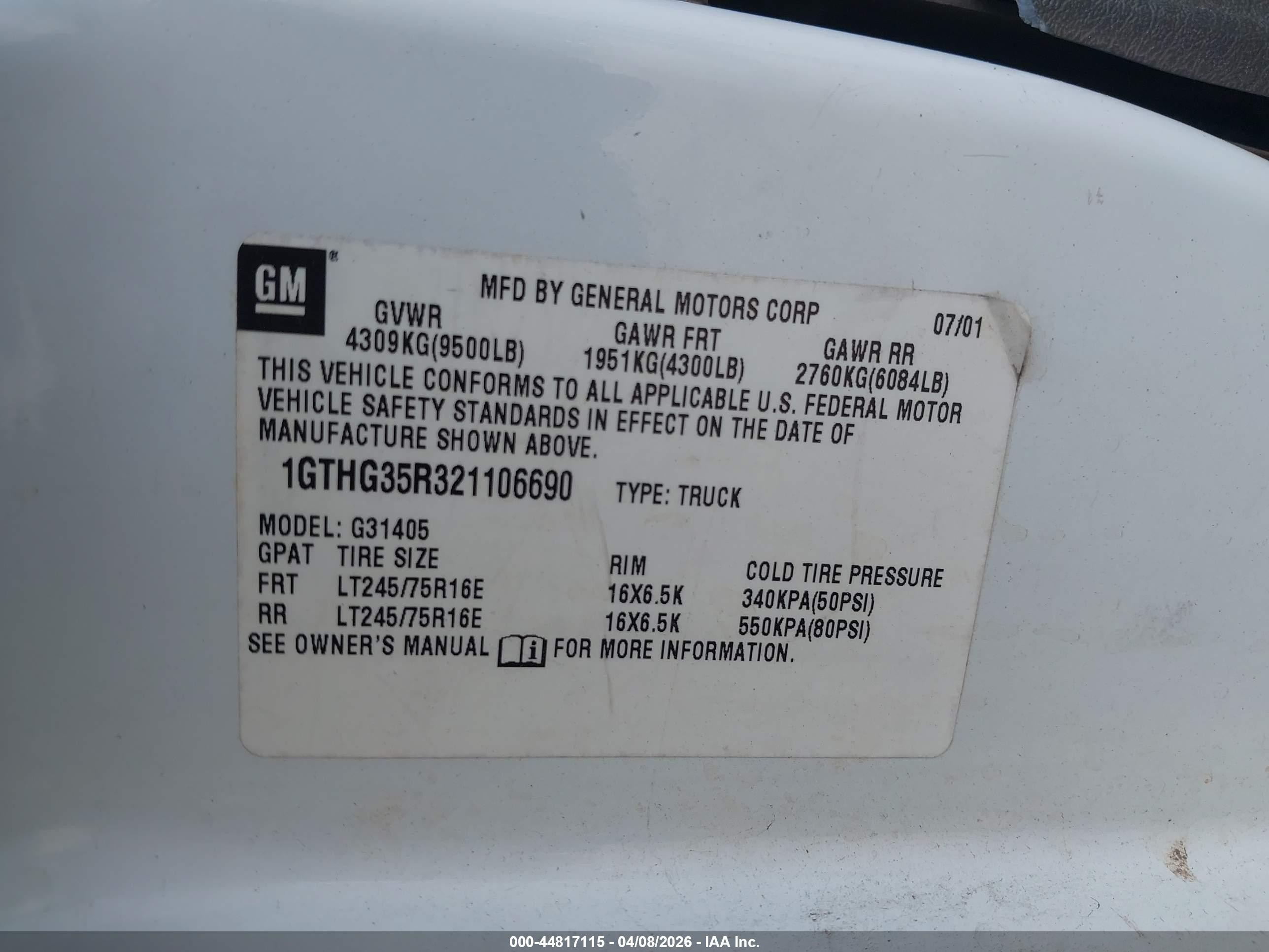 2002 Gmc Savana Standard White vin: 1GTHG35R321106690