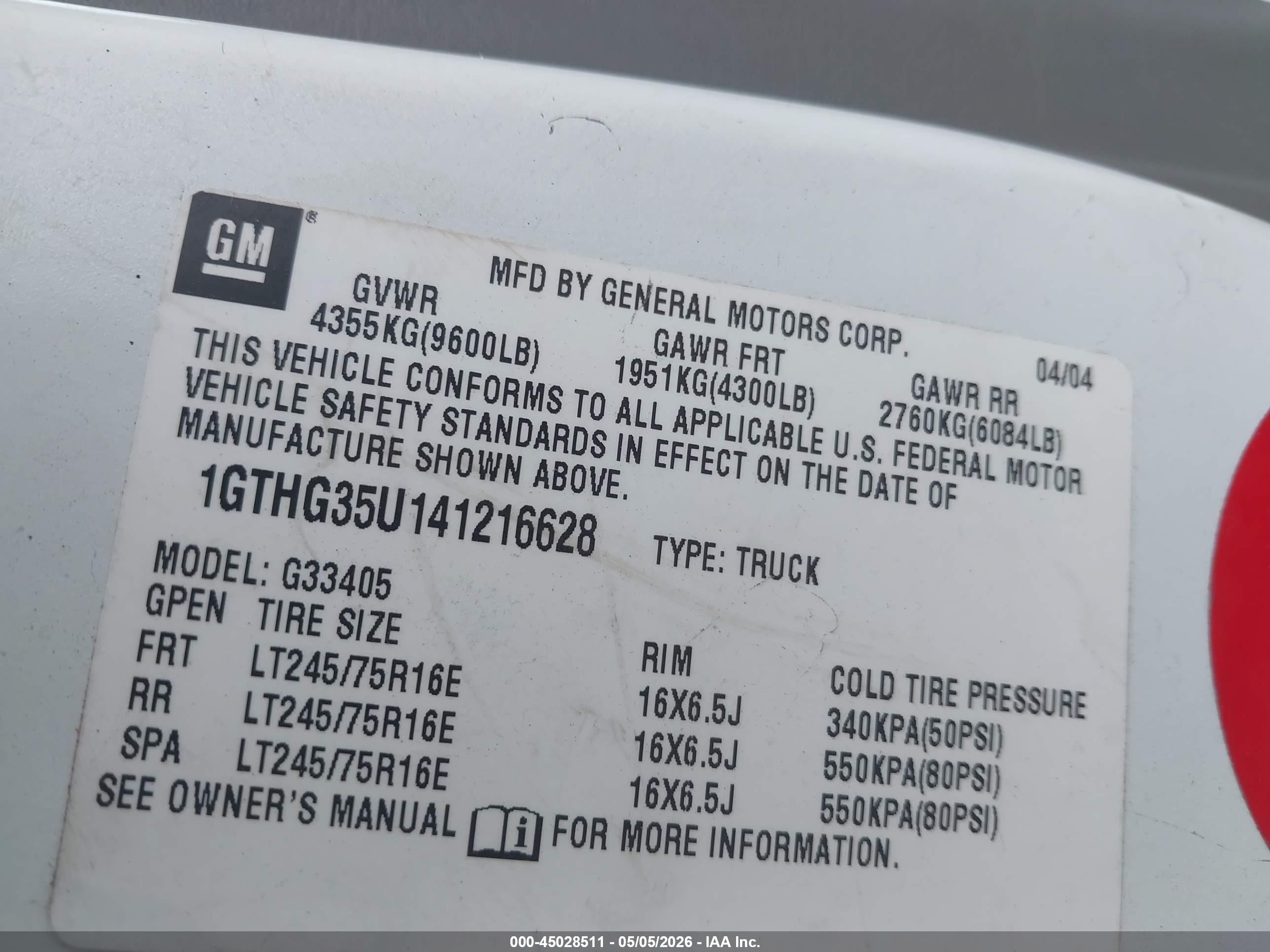 2004 Gmc Savana Standard Белый vin: 1GTHG35U141216628