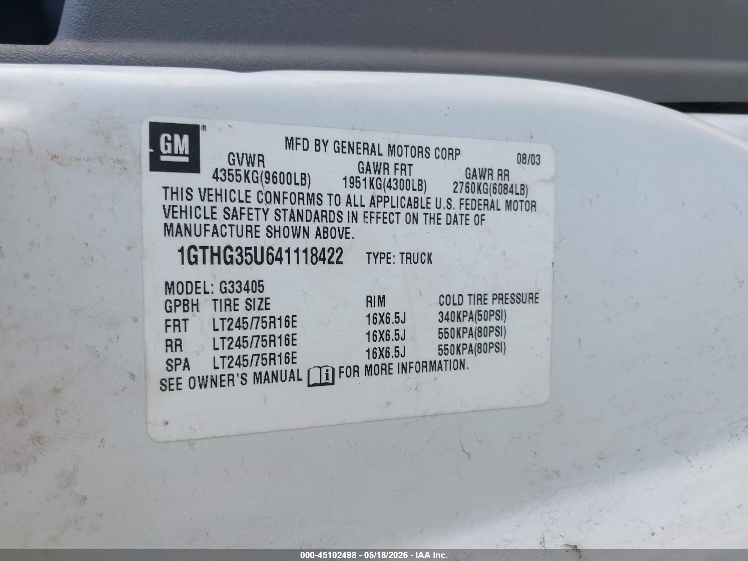 2004 Gmc Savana Standard White vin: 1GTHG35U641118422
