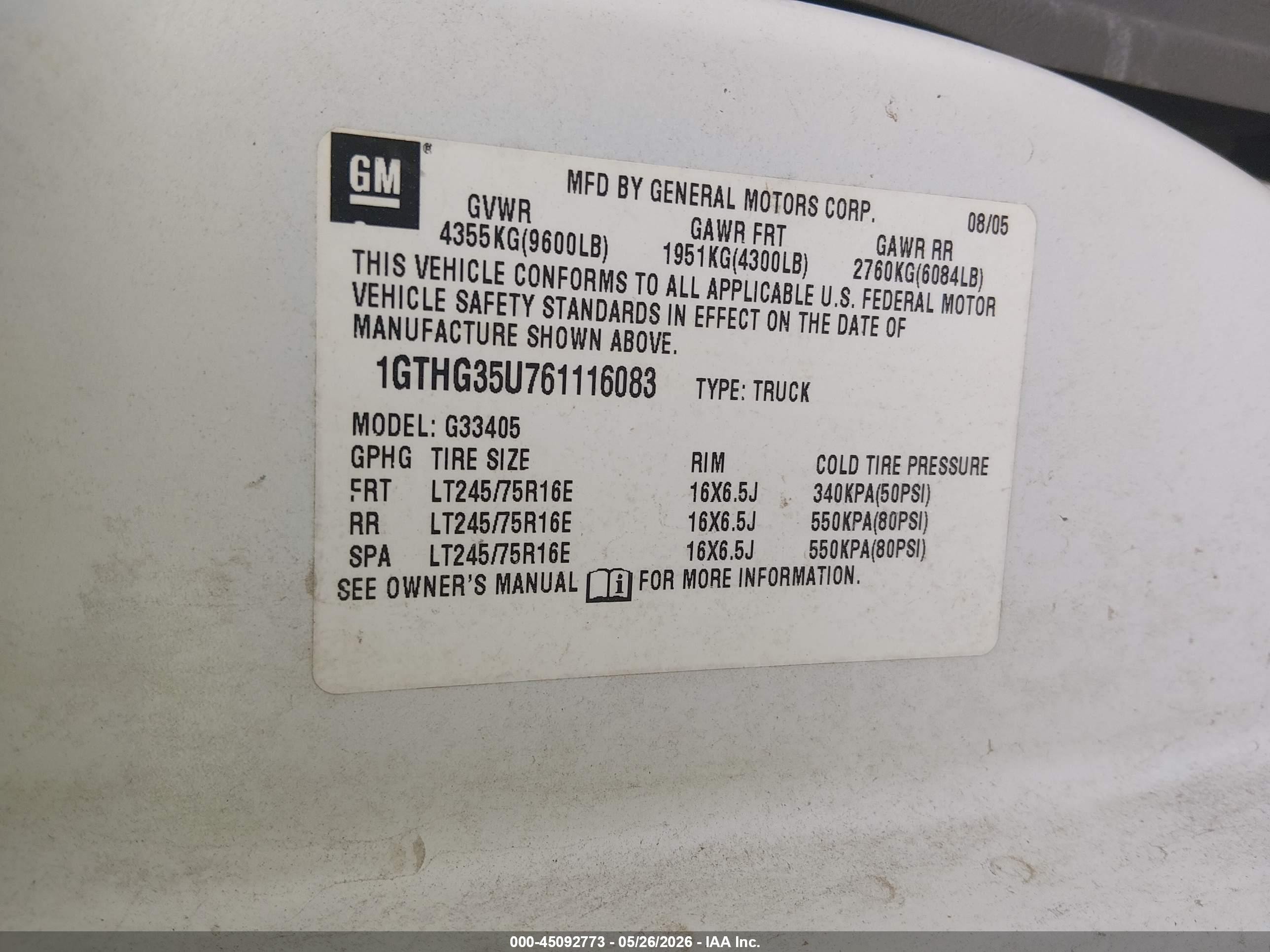 2006 Gmc Savana Work Van Белый vin: 1GTHG35U761116083