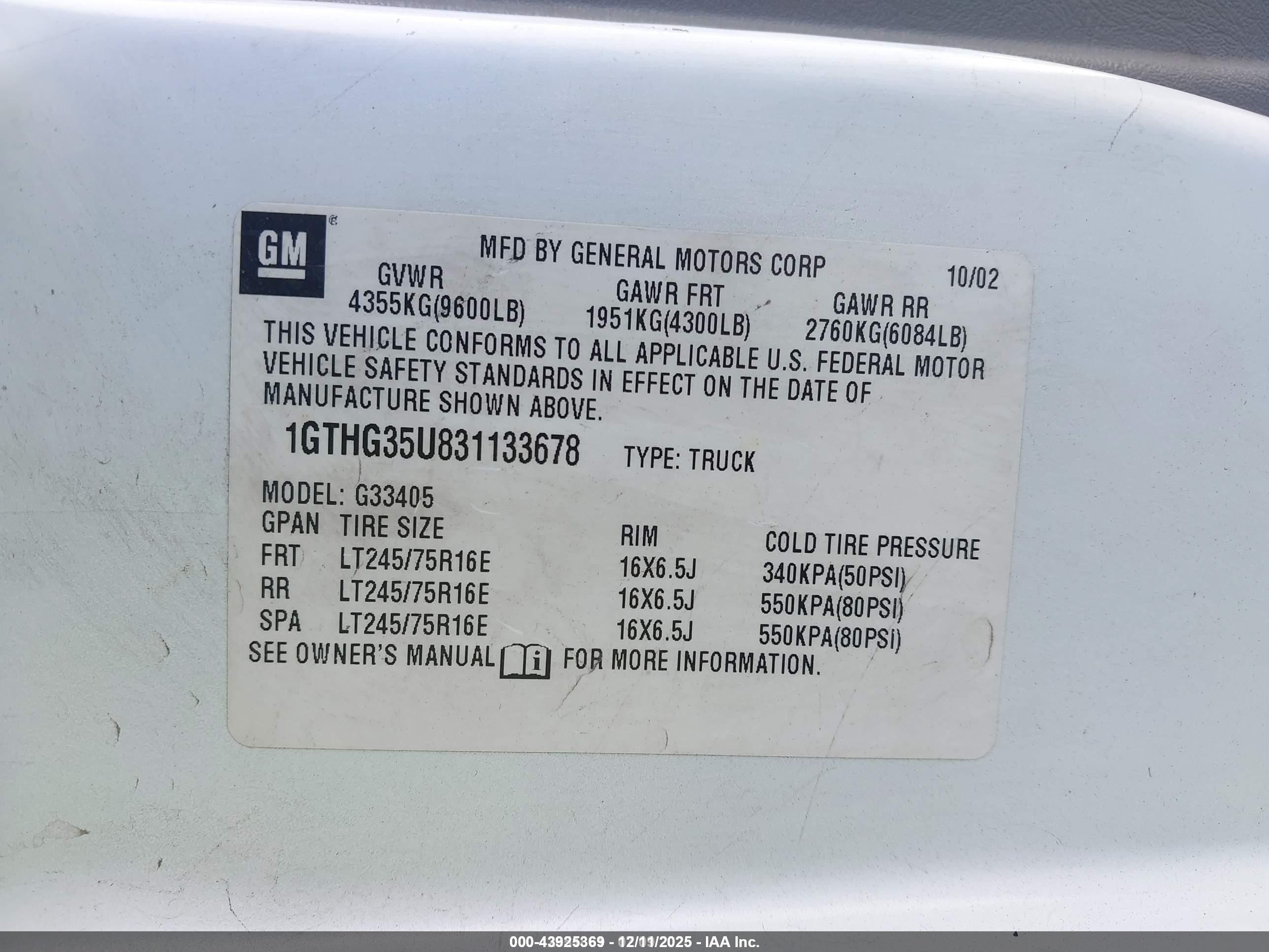 2003 Gmc Savana Standard White vin: 1GTHG35U831133678