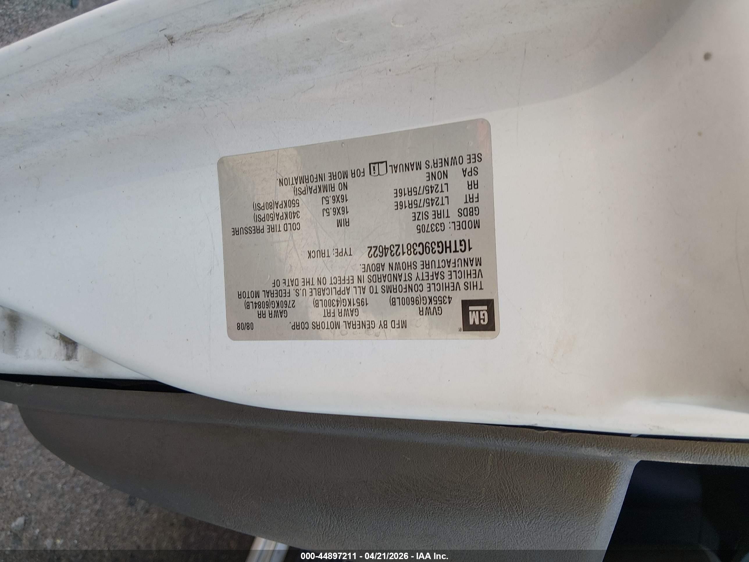 2008 Gmc Savana Work Van White vin: 1GTHG39C381234622