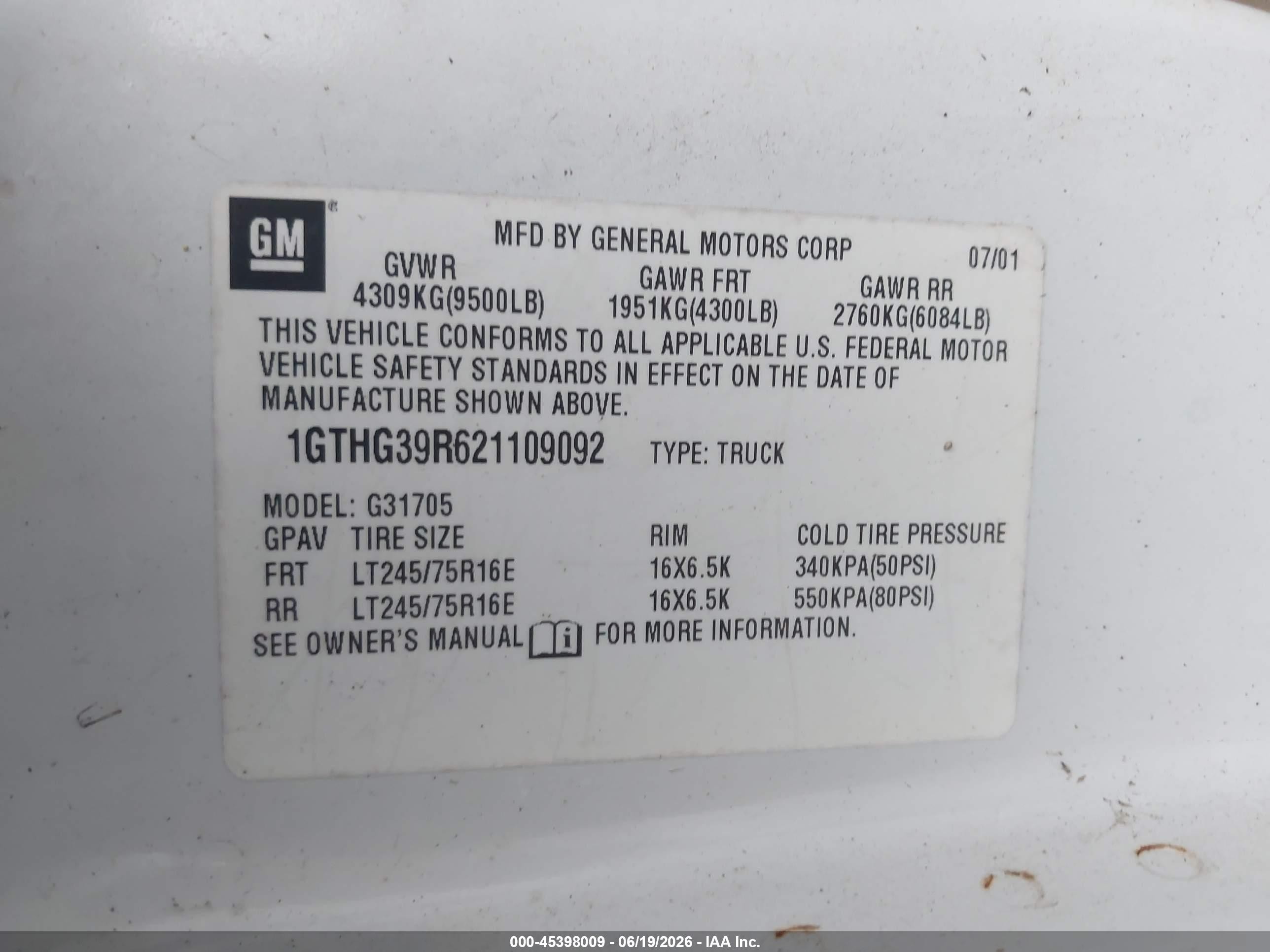 2002 Gmc Savana Cargo Van Standard White vin: 1GTHG39R621109092