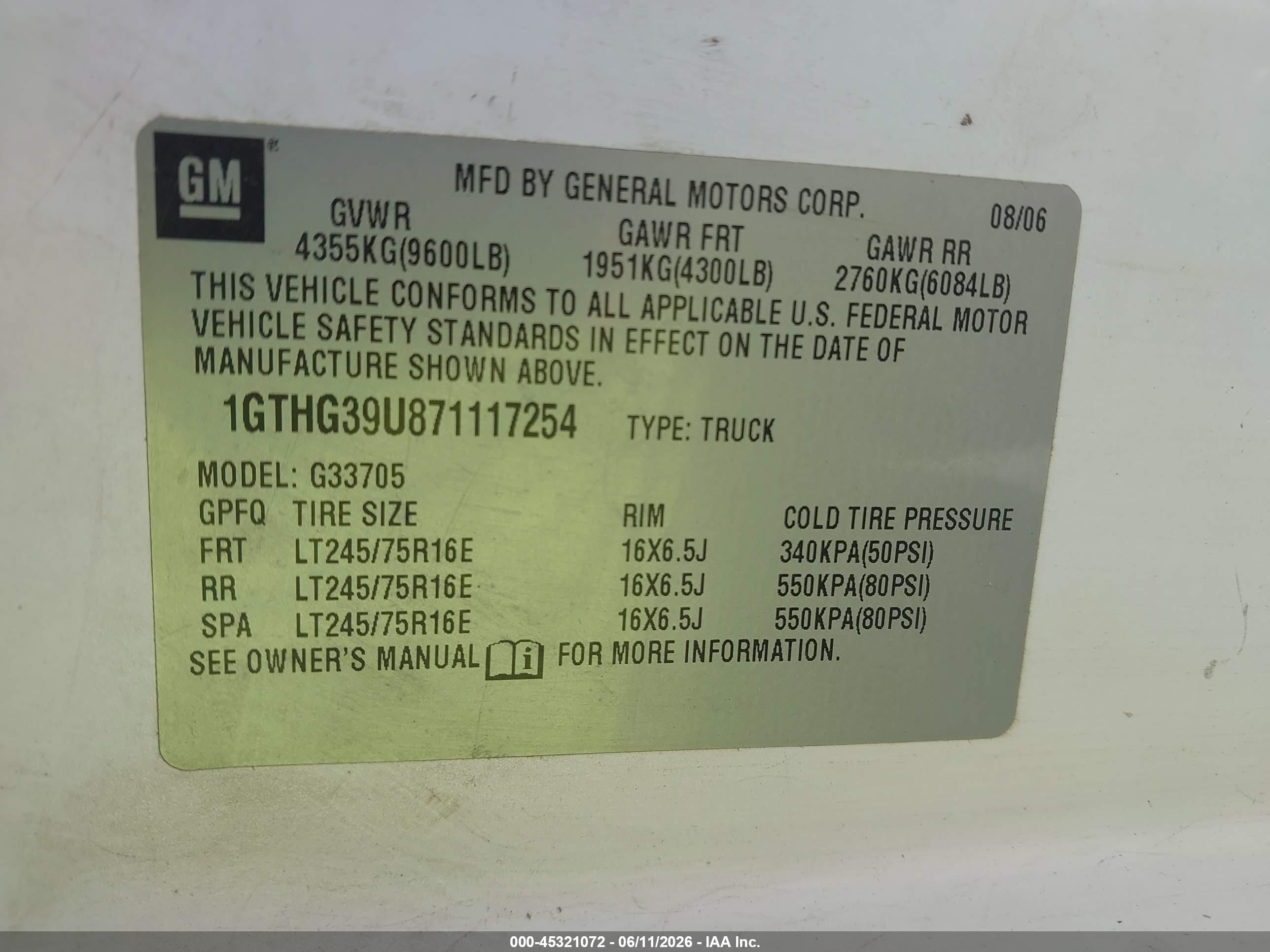 2007 Gmc Savana Work Van White vin: 1GTHG39U871117254