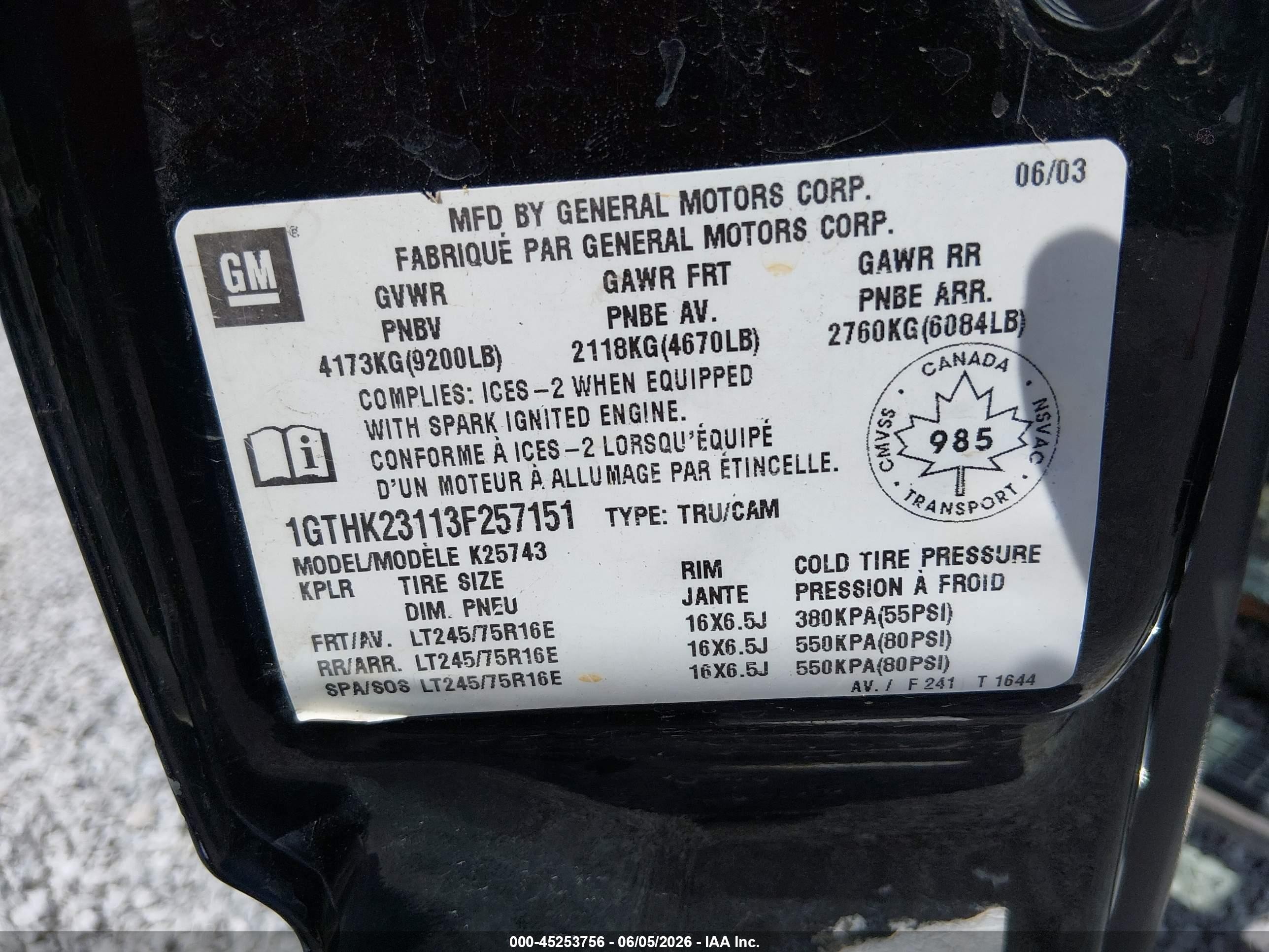 2003 Gmc Sierra 2500hd Sle/slt Черный vin: 1GTHK23113F257151