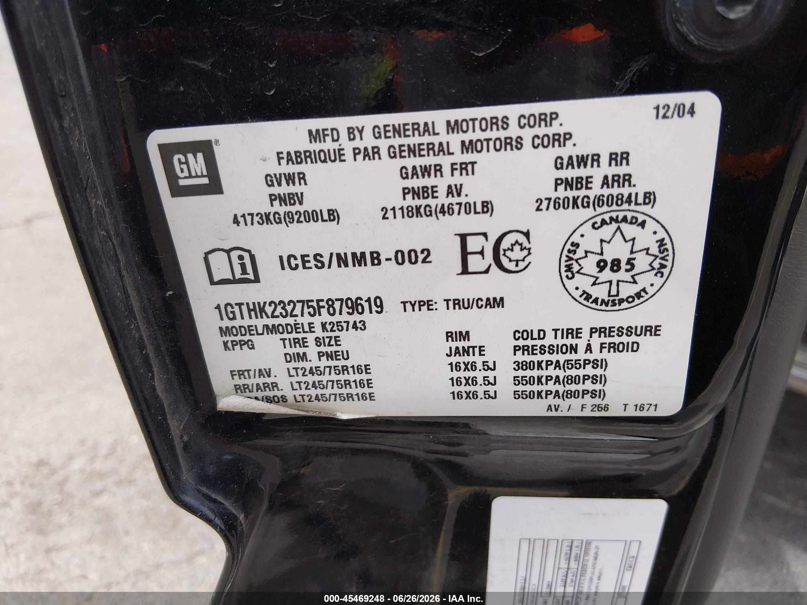 2005 Gmc Sierra 2500hd Sle/slt/work Truck Black vin: 1GTHK23275F879619