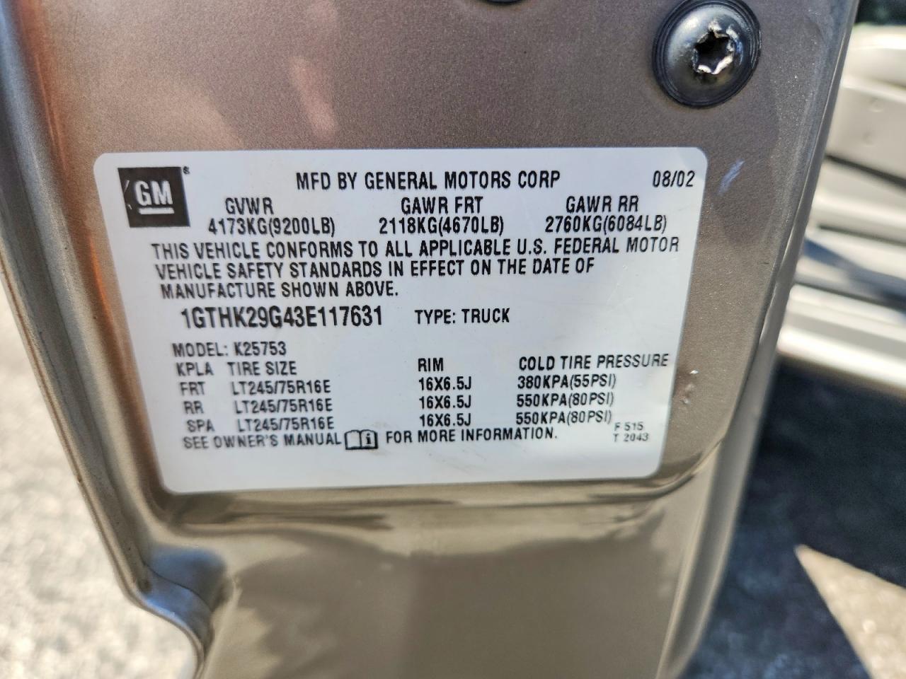2003 Gmc Sierra K2500 Heavy Duty Gray vin: 1GTHK29G43E117631