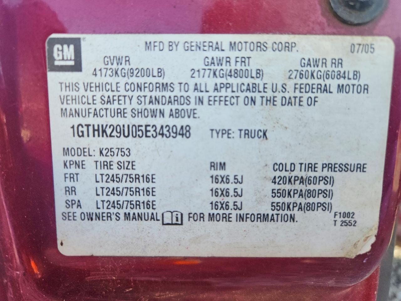 2005 Gmc Sierra K2500 Heavy Duty Burgundy vin: 1GTHK29U05E343948