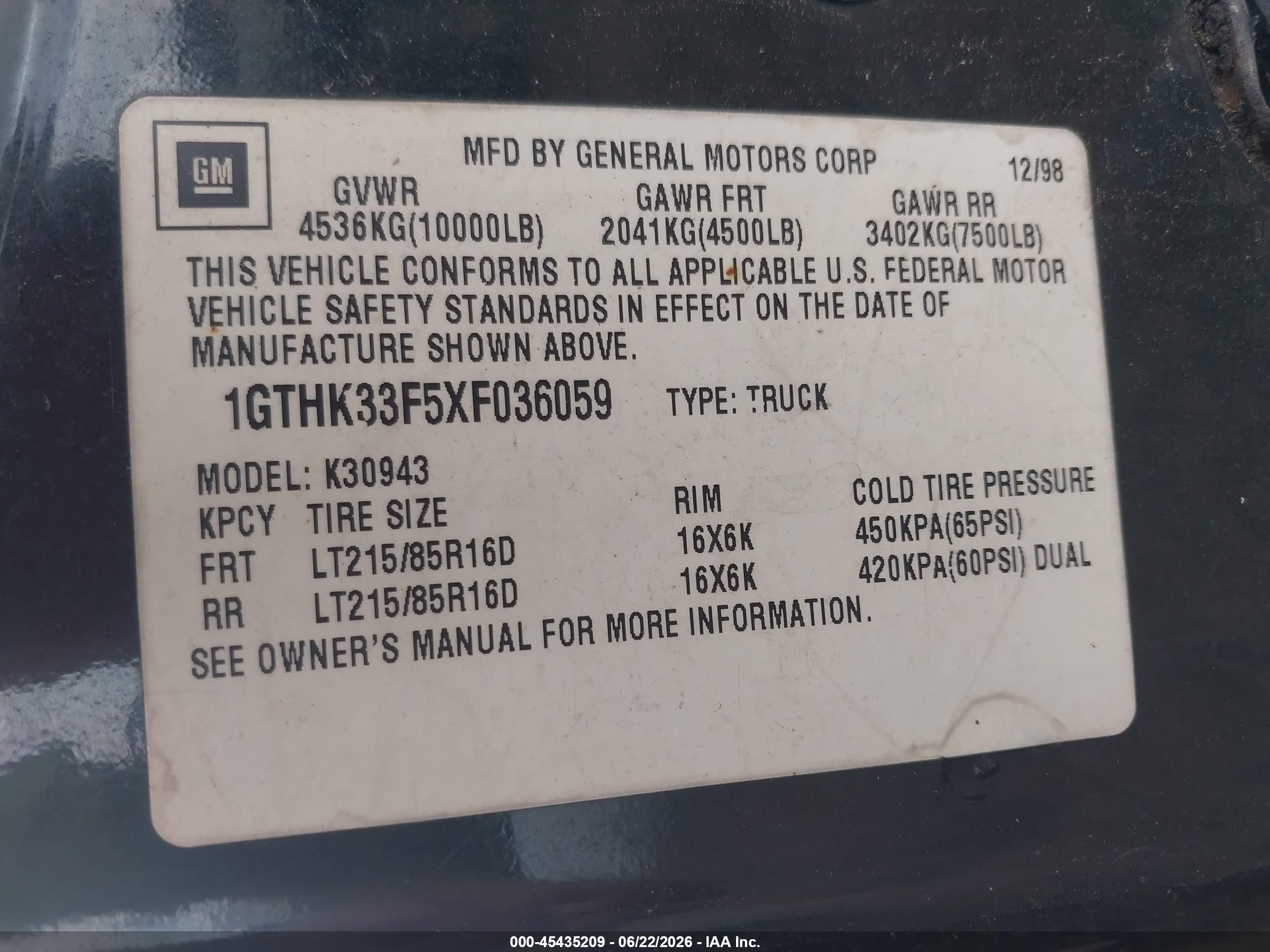 1999 Gmc Sierra 3500 Sl Black vin: 1GTHK33F5XF036059