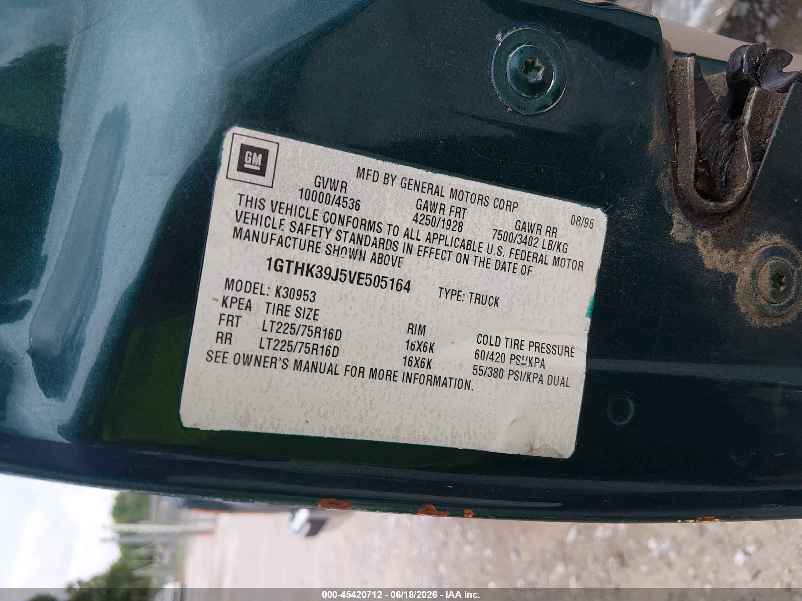 1997 Gmc Sierra 3500 Hd Sl Green vin: 1GTHK39J5VE505164