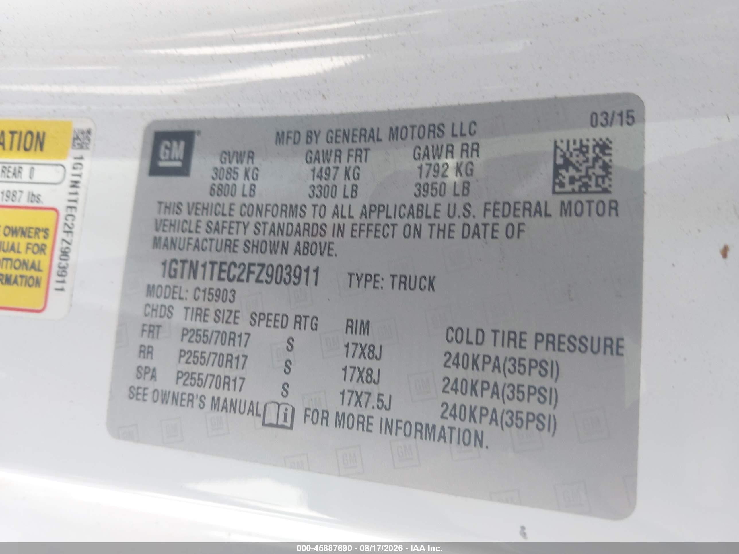 2015 Gmc Sierra 1500   White vin: 1GTN1TEC2FZ903911