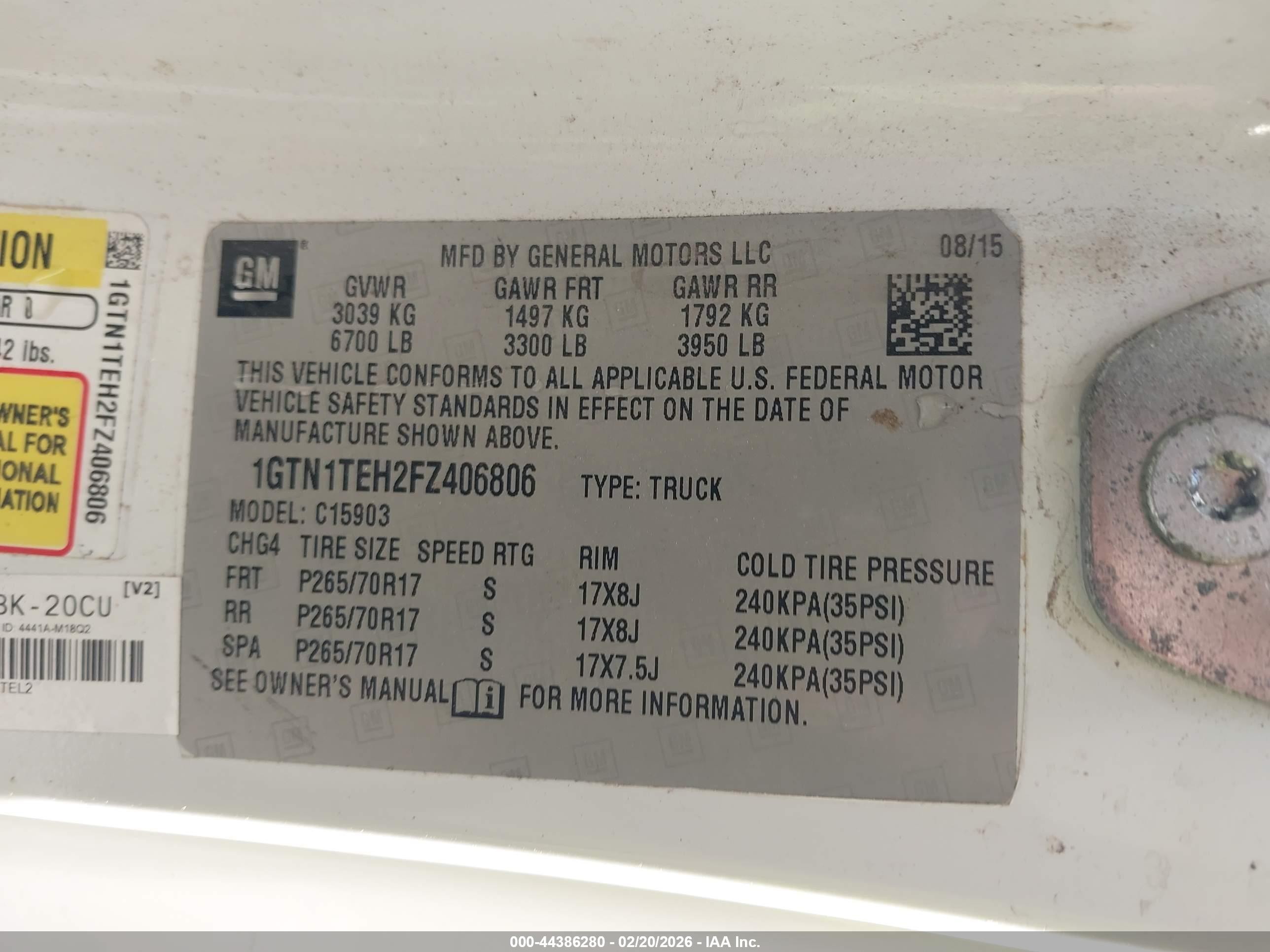 2015 Gmc Sierra 1500   White vin: 1GTN1TEH2FZ406806