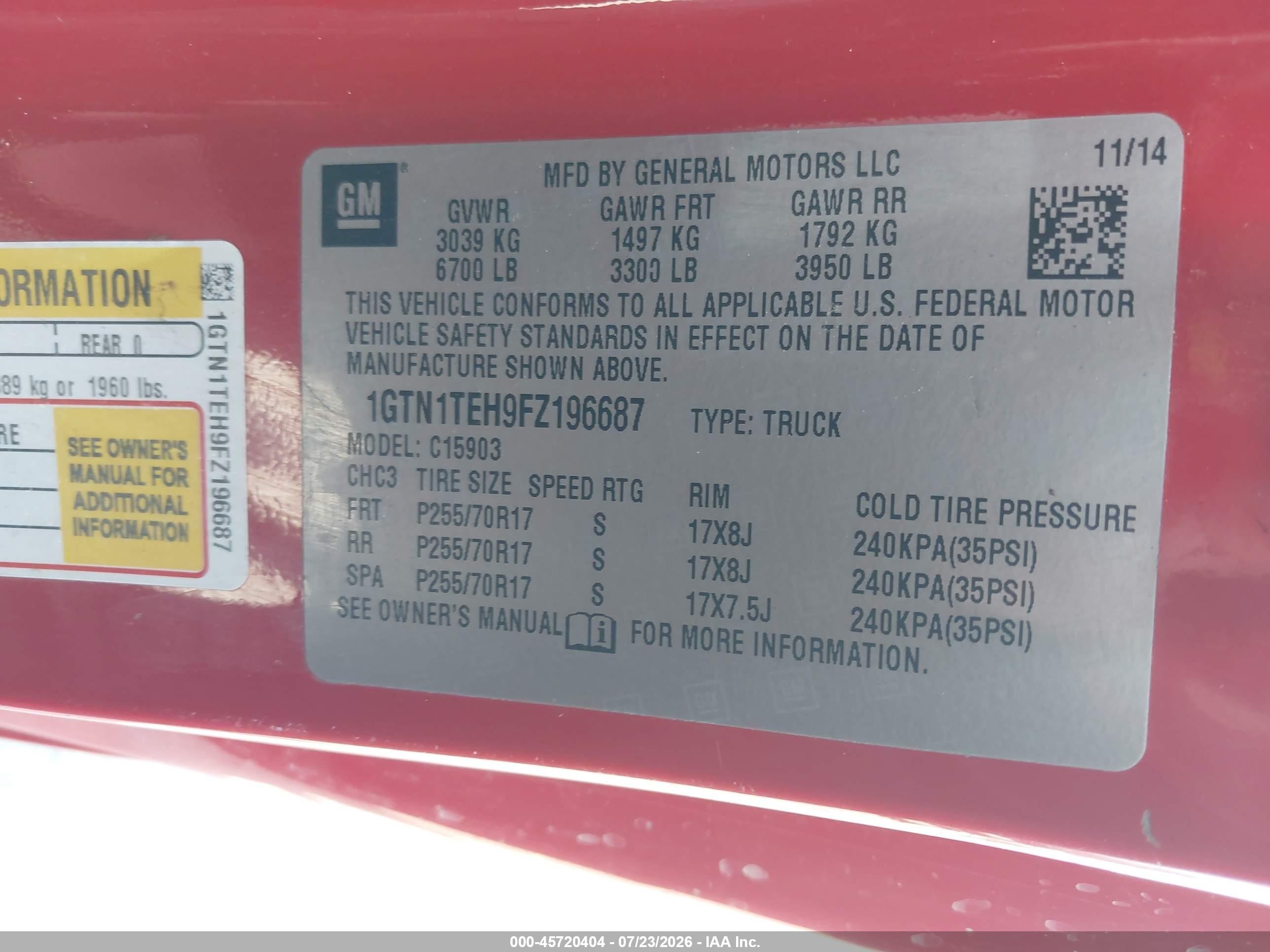 2015 Gmc Sierra 1500   Red vin: 1GTN1TEH9FZ196687