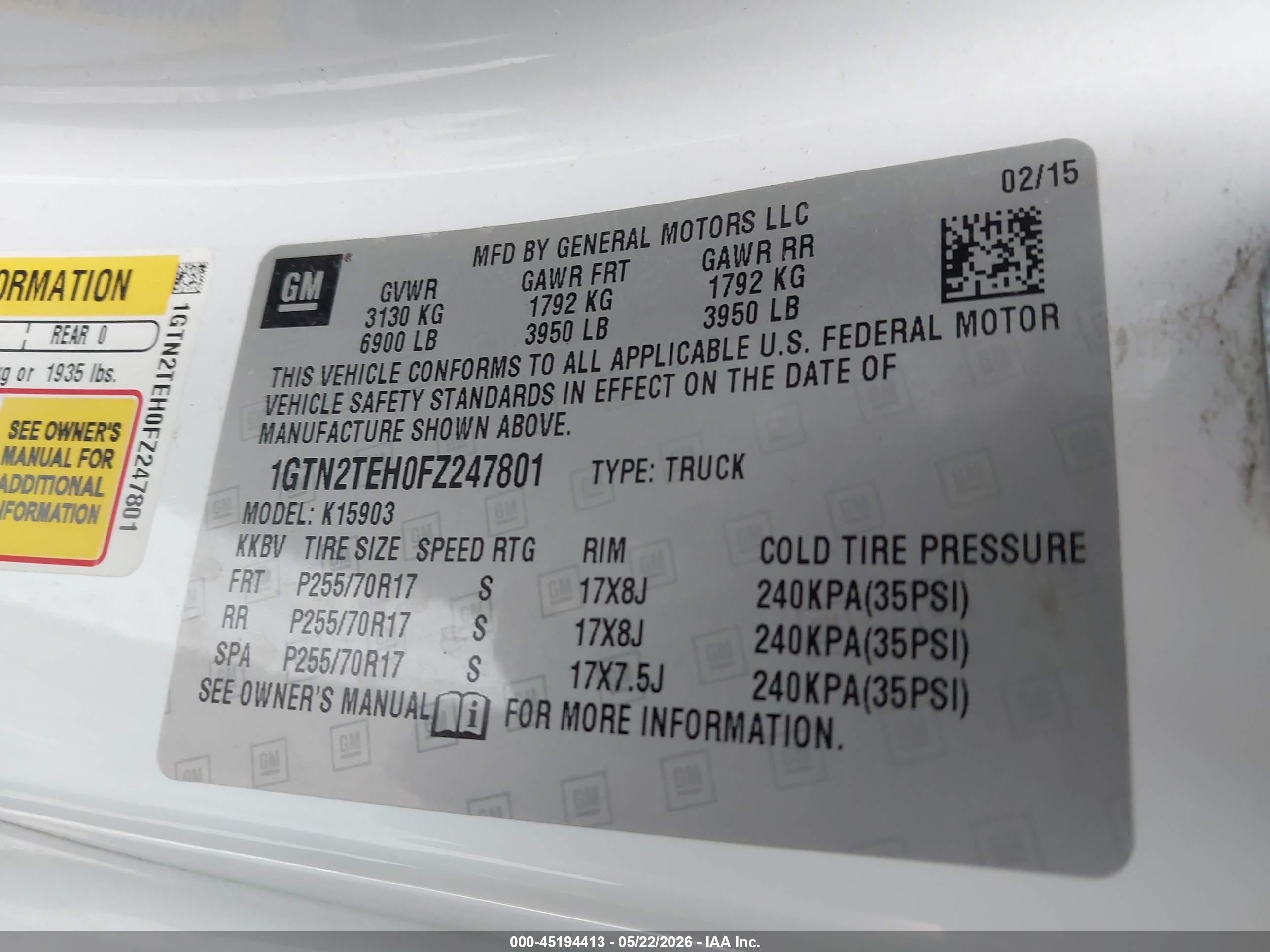 2015 Gmc Sierra 1500   White vin: 1GTN2TEH0FZ247801
