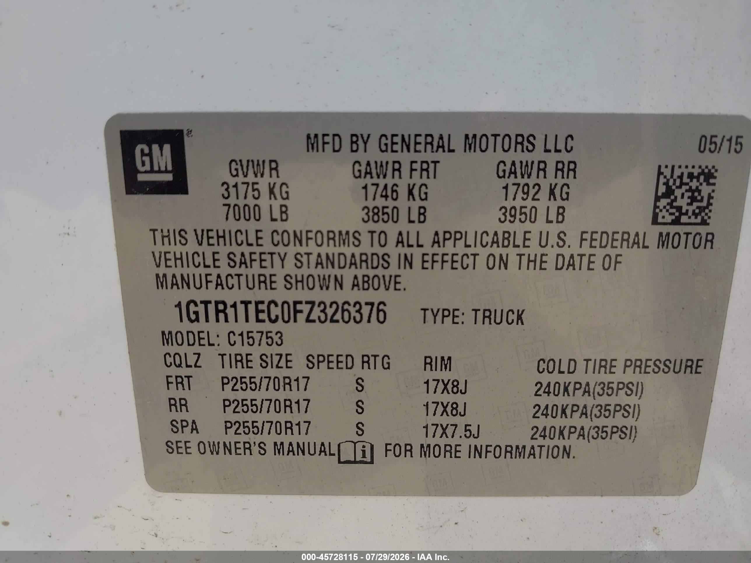 2015 Gmc Sierra 1500   White vin: 1GTR1TEC0FZ326376
