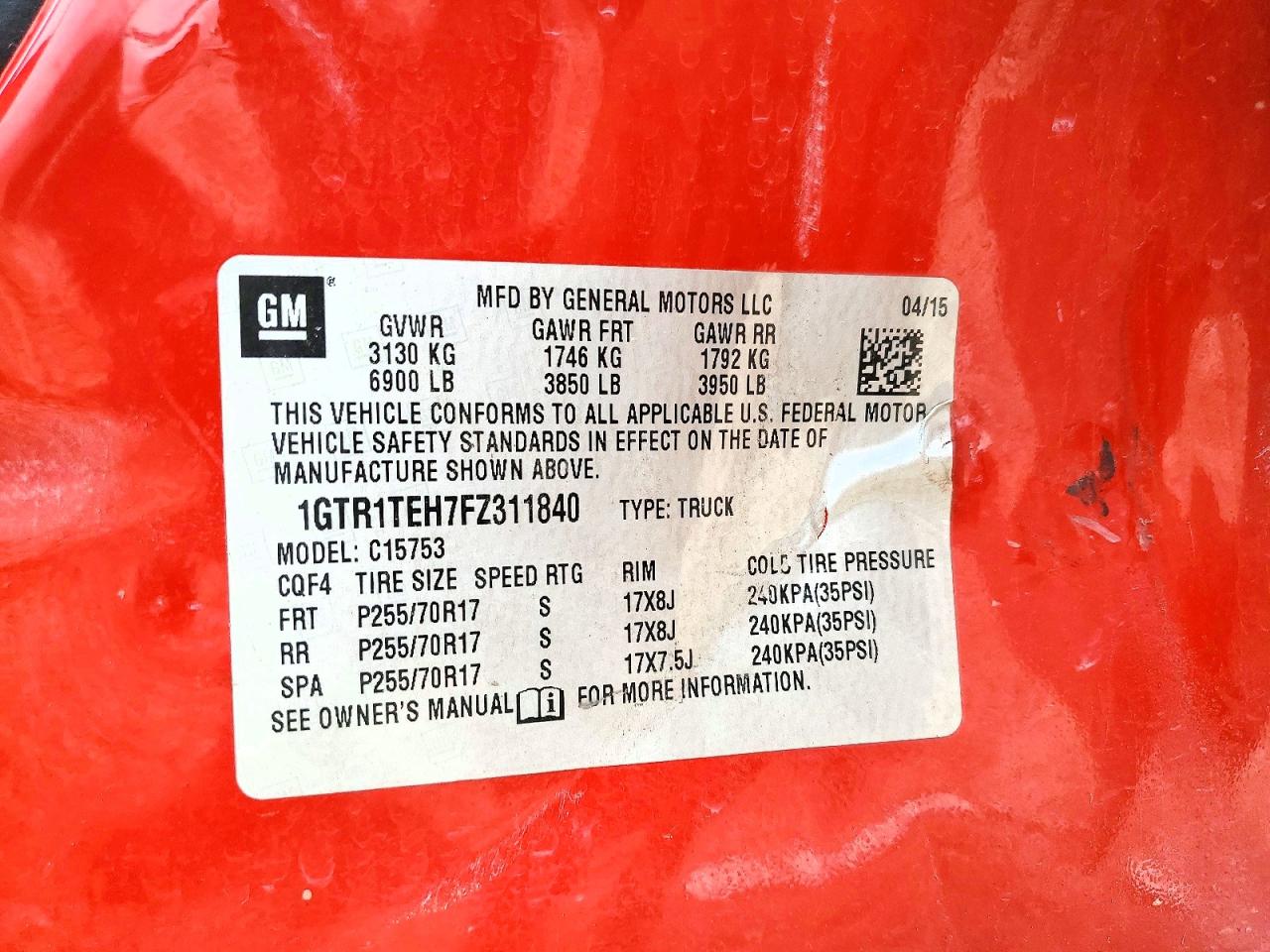 2015 Gmc Sierra Red vin: 1GTR1TEH7FZ311840