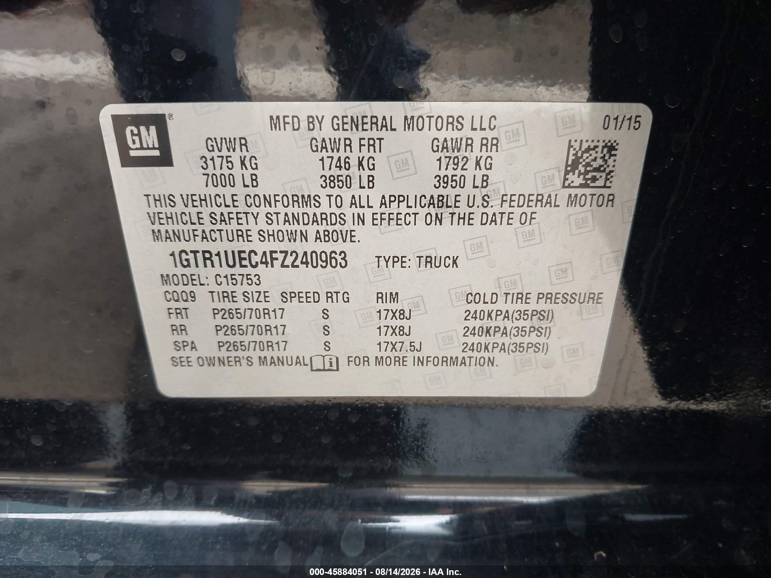 2015 Gmc Sierra 1500 Sle Black vin: 1GTR1UEC4FZ240963