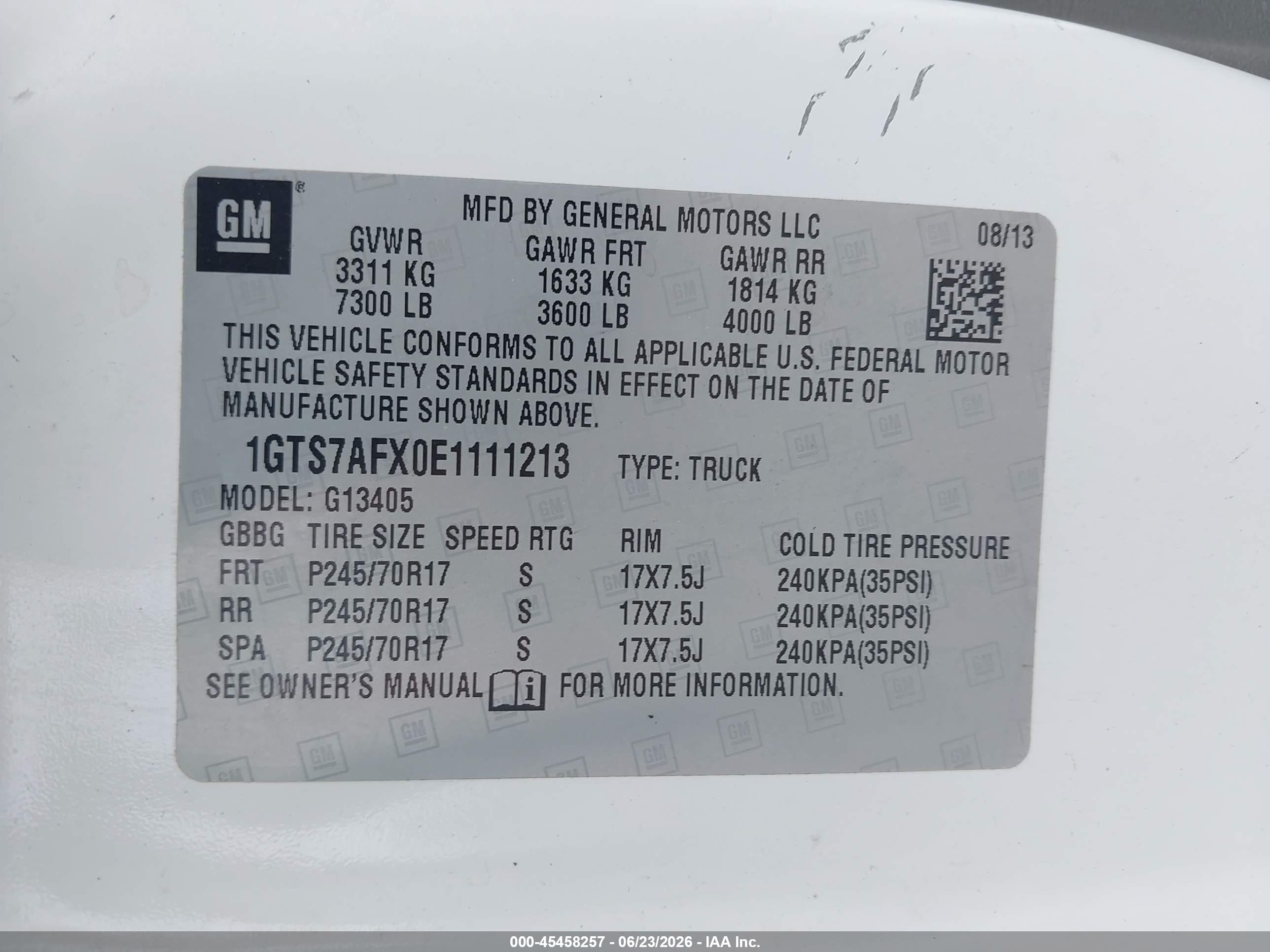 2014 Gmc Savana 1500 Work Van White vin: 1GTS7AFX0E1111213