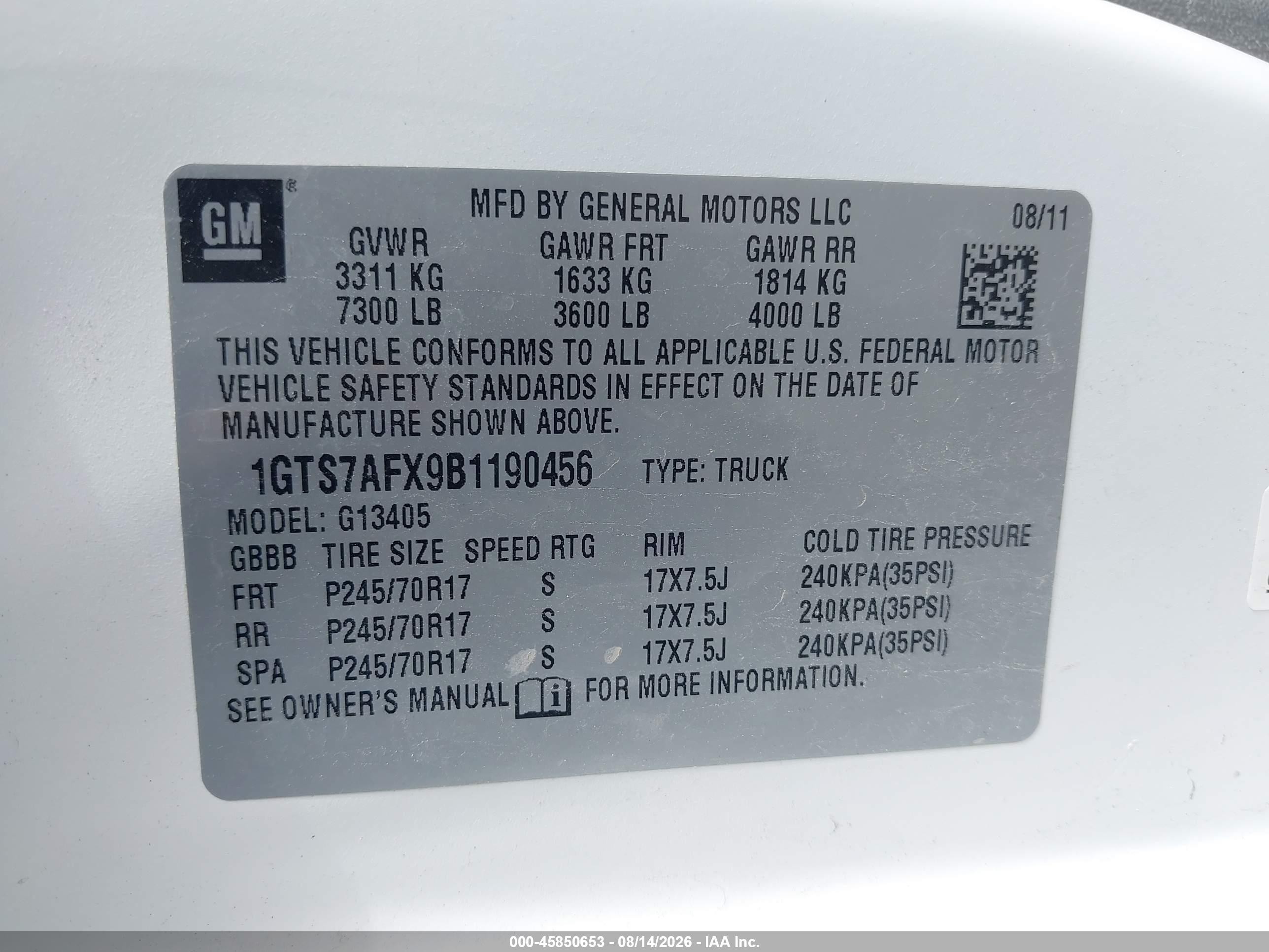 2011 Gmc Savana 1500 Work Van White vin: 1GTS7AFX9B1190456