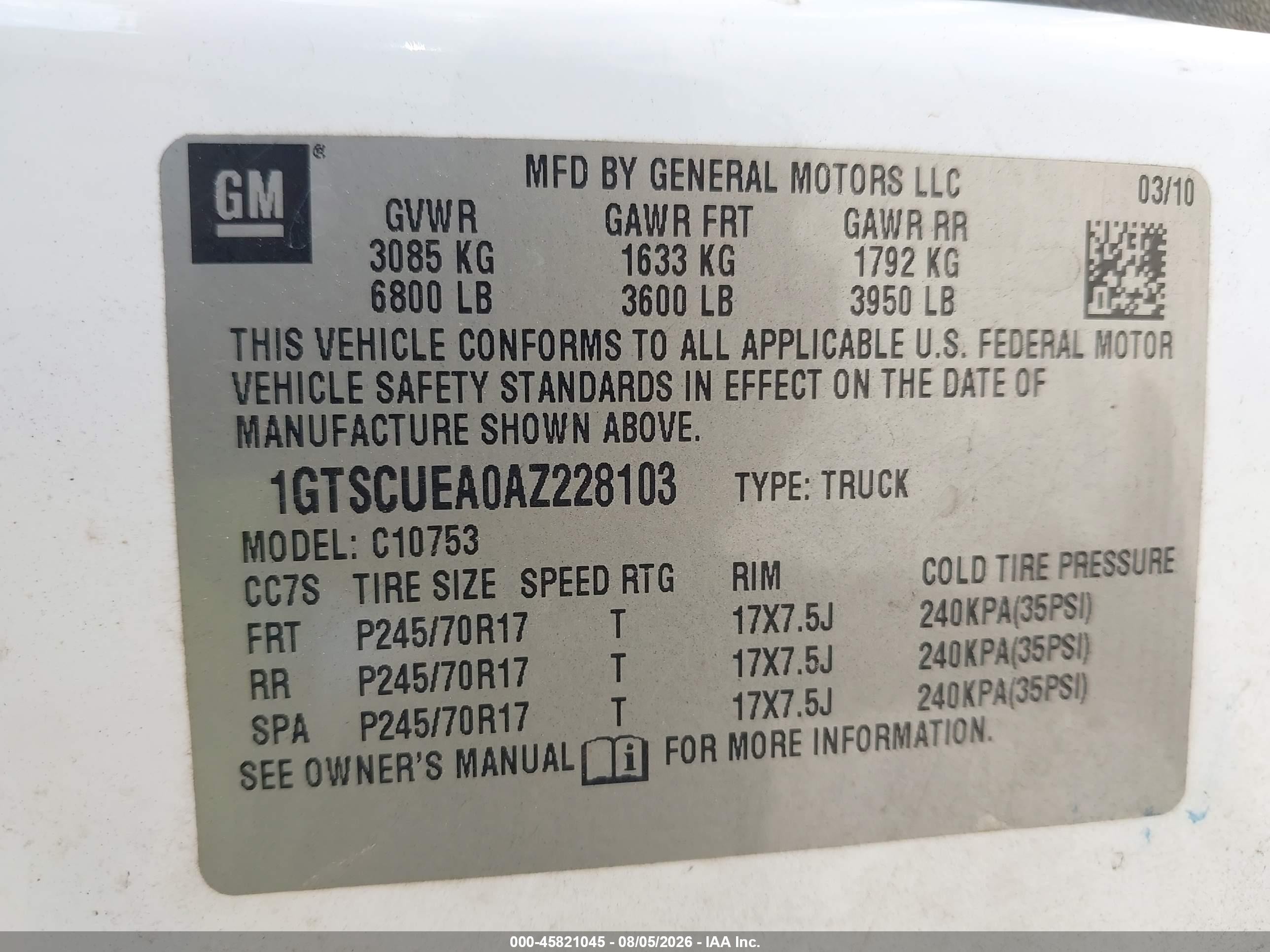 2010 Gmc Sierra 1500 Sl White vin: 1GTSCUEA0AZ228103