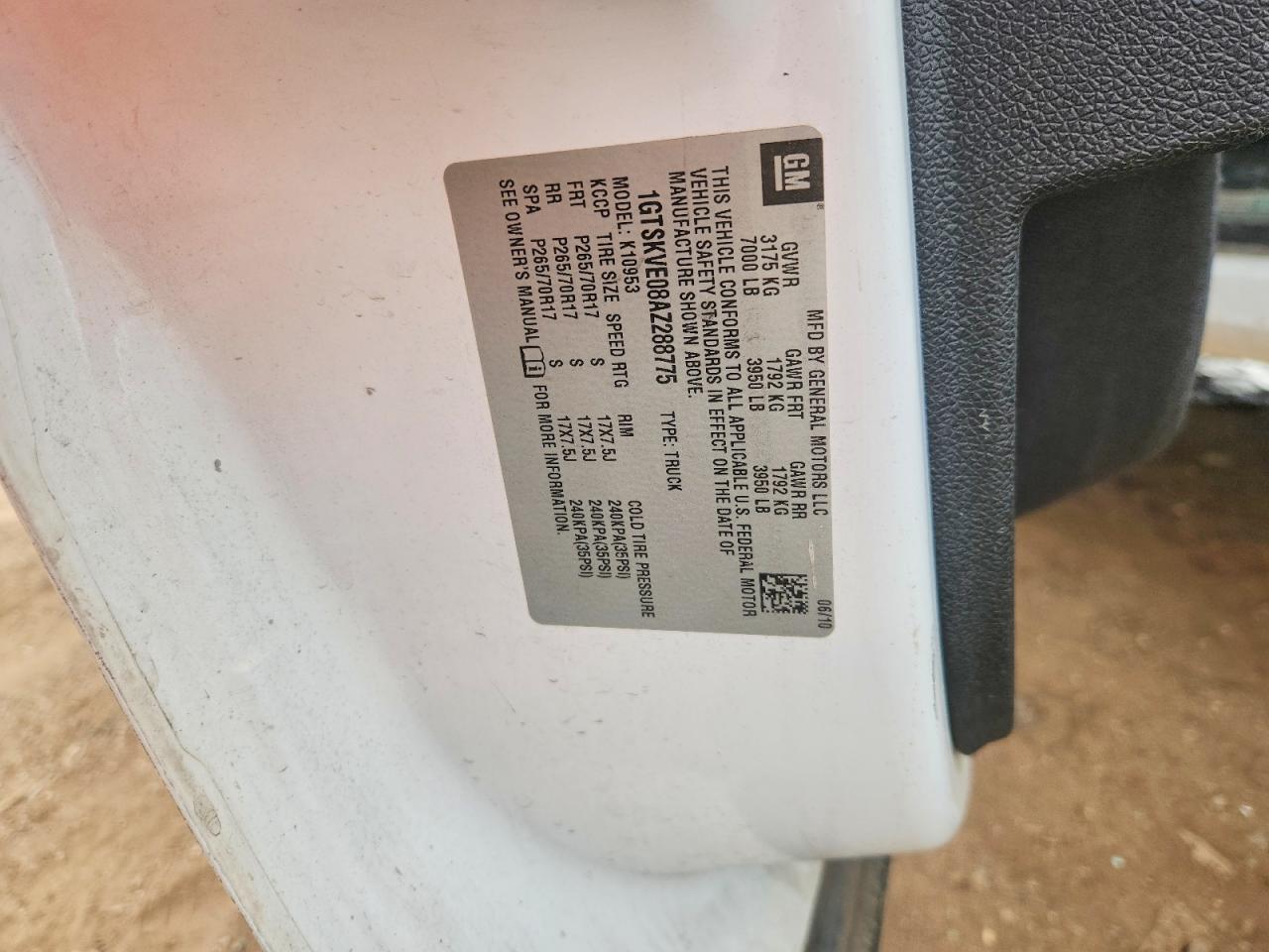 2010 Gmc Sierra K1500 Sle White vin: 1GTSKVE08AZ288775