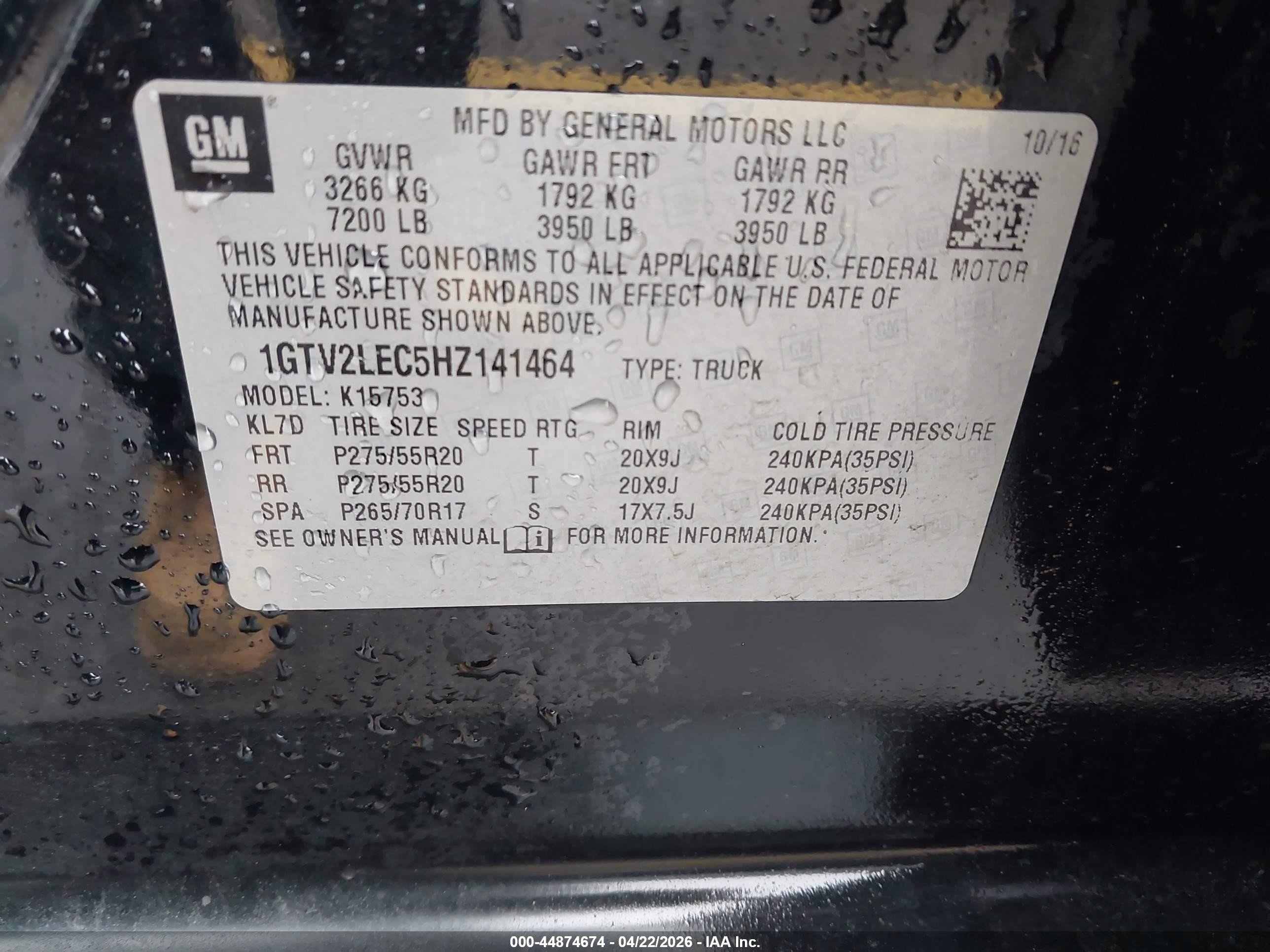 2017 Gmc Sierra 1500   Black vin: 1GTV2LEC5HZ141464