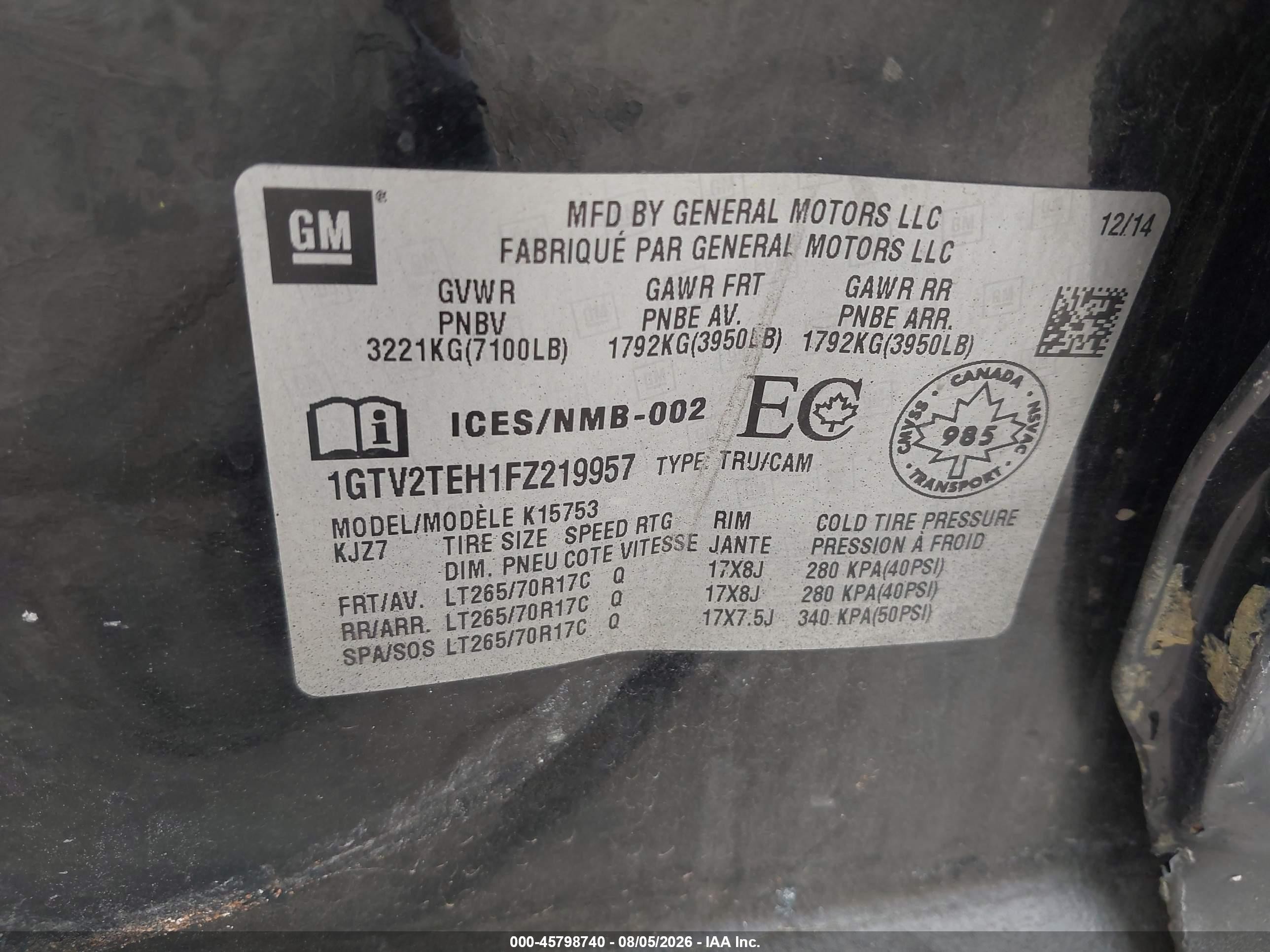 2015 Gmc Sierra 1500   Black vin: 1GTV2TEH1FZ219957