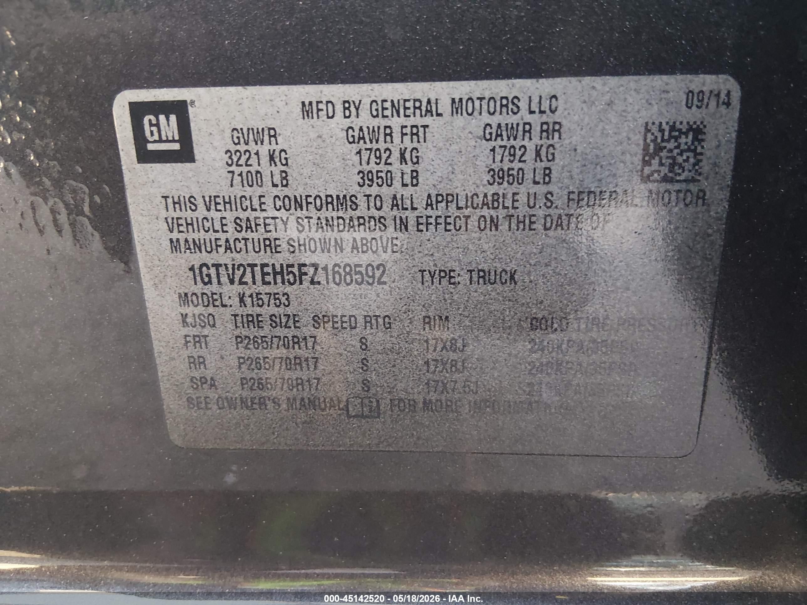 2015 Gmc Sierra 1500   Серый vin: 1GTV2TEH5FZ168592