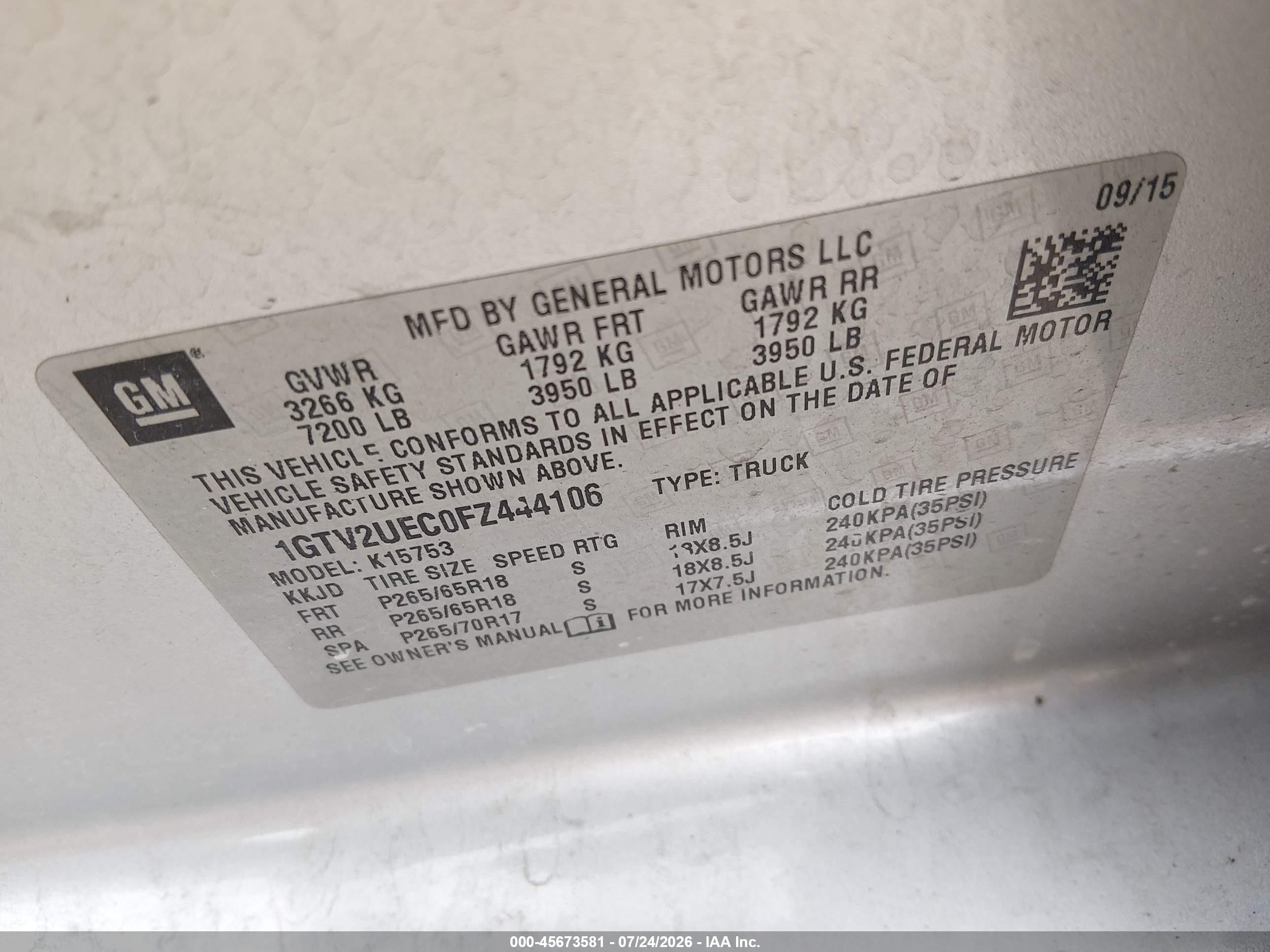 2015 Gmc Sierra 1500 Sle Silver vin: 1GTV2UEC0FZ444106