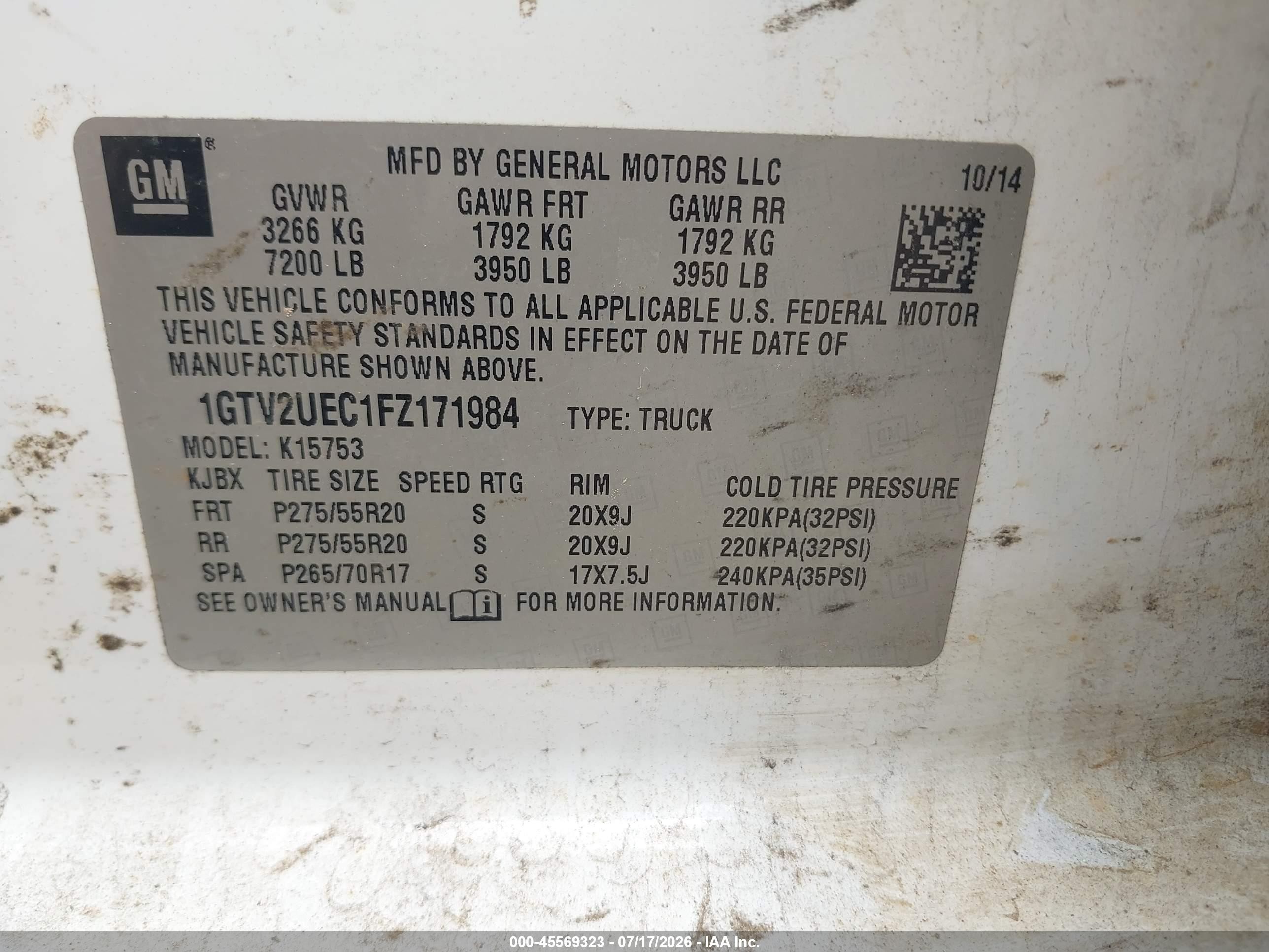 2015 Gmc Sierra 1500 Sle vin: 1GTV2UEC1FZ171984