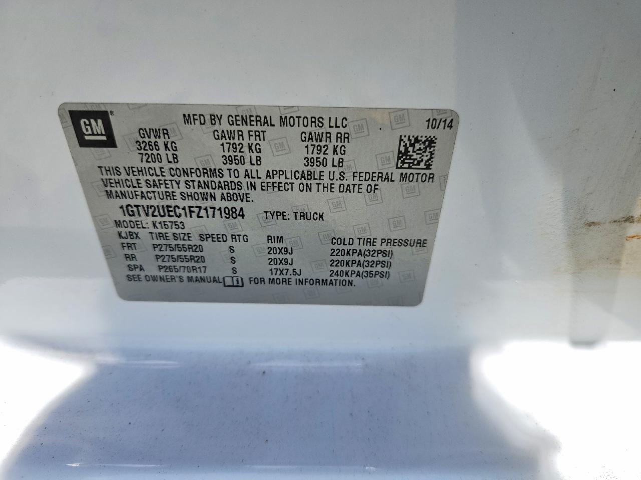 2015 Gmc Sierra K1500 Sle White vin: 1GTV2UEC1FZ171984