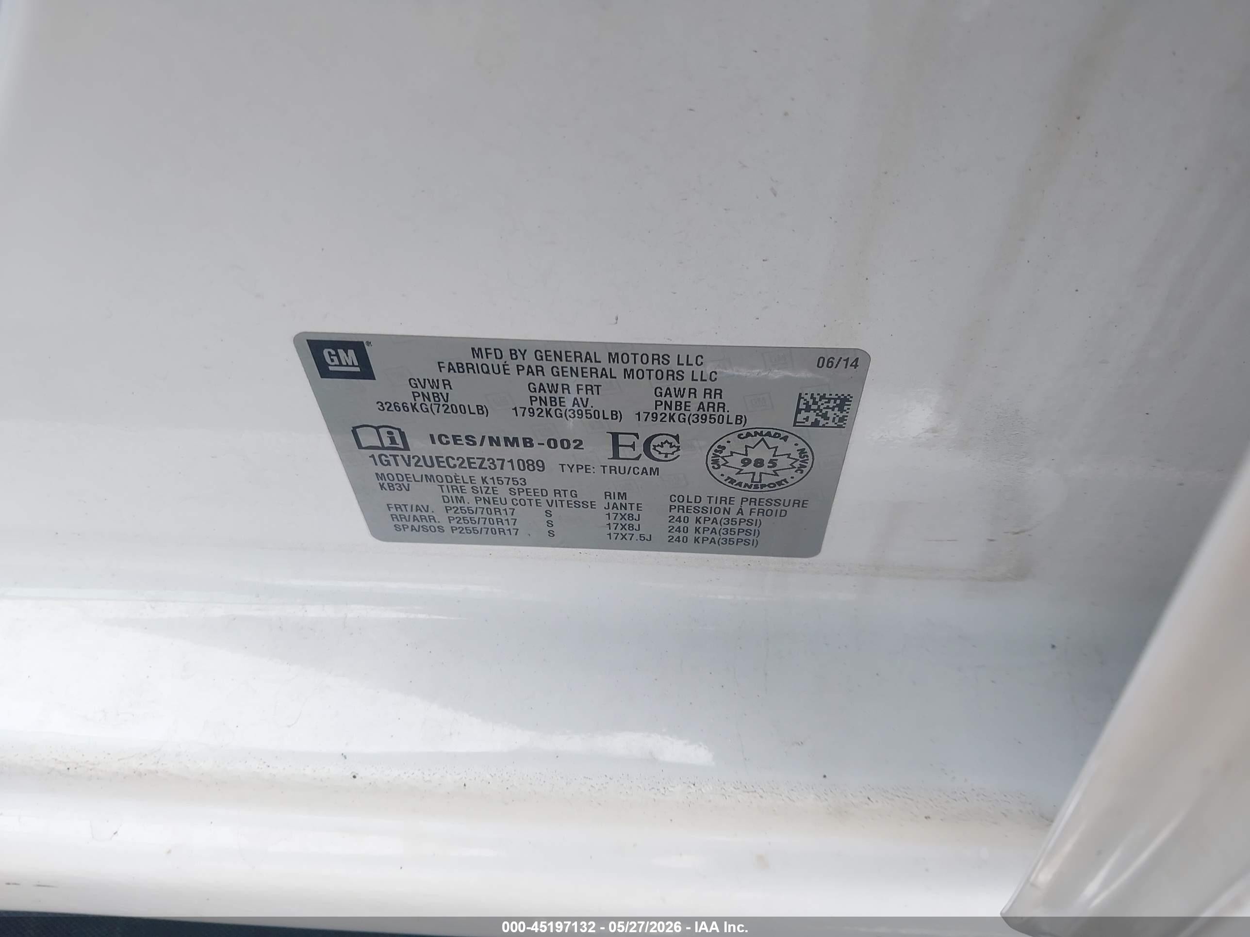 2014 Gmc Sierra 1500 Sle White vin: 1GTV2UEC2EZ371089