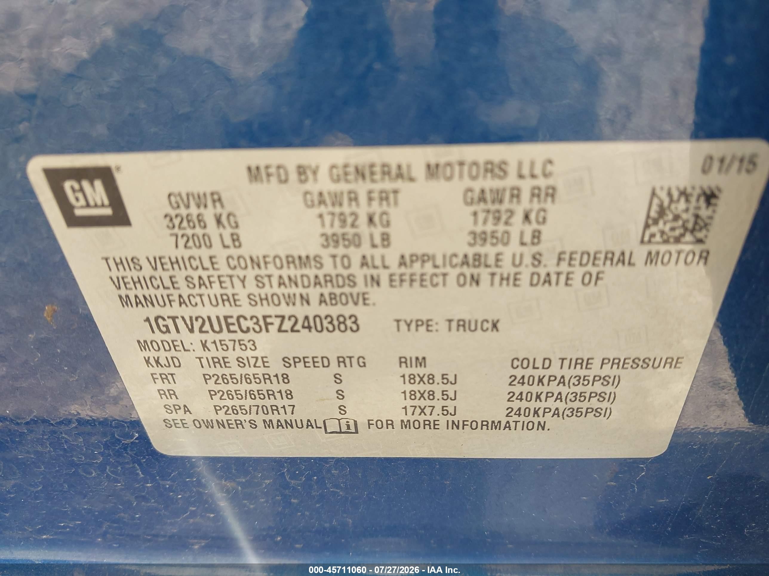 2015 Gmc Sierra 1500 Sle Blue vin: 1GTV2UEC3FZ240383