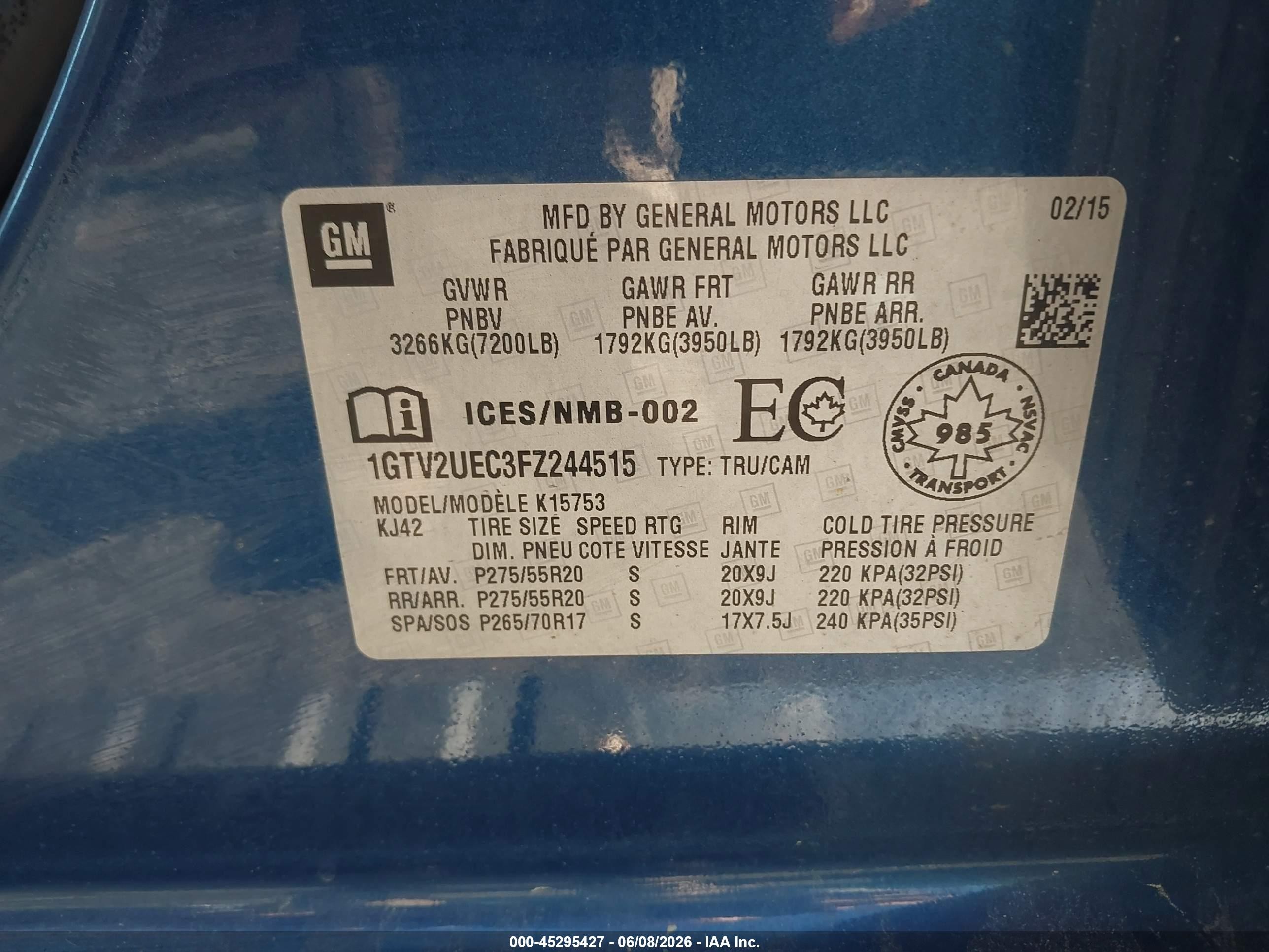 2015 Gmc Sierra 1500 Sle Blue vin: 1GTV2UEC3FZ244515
