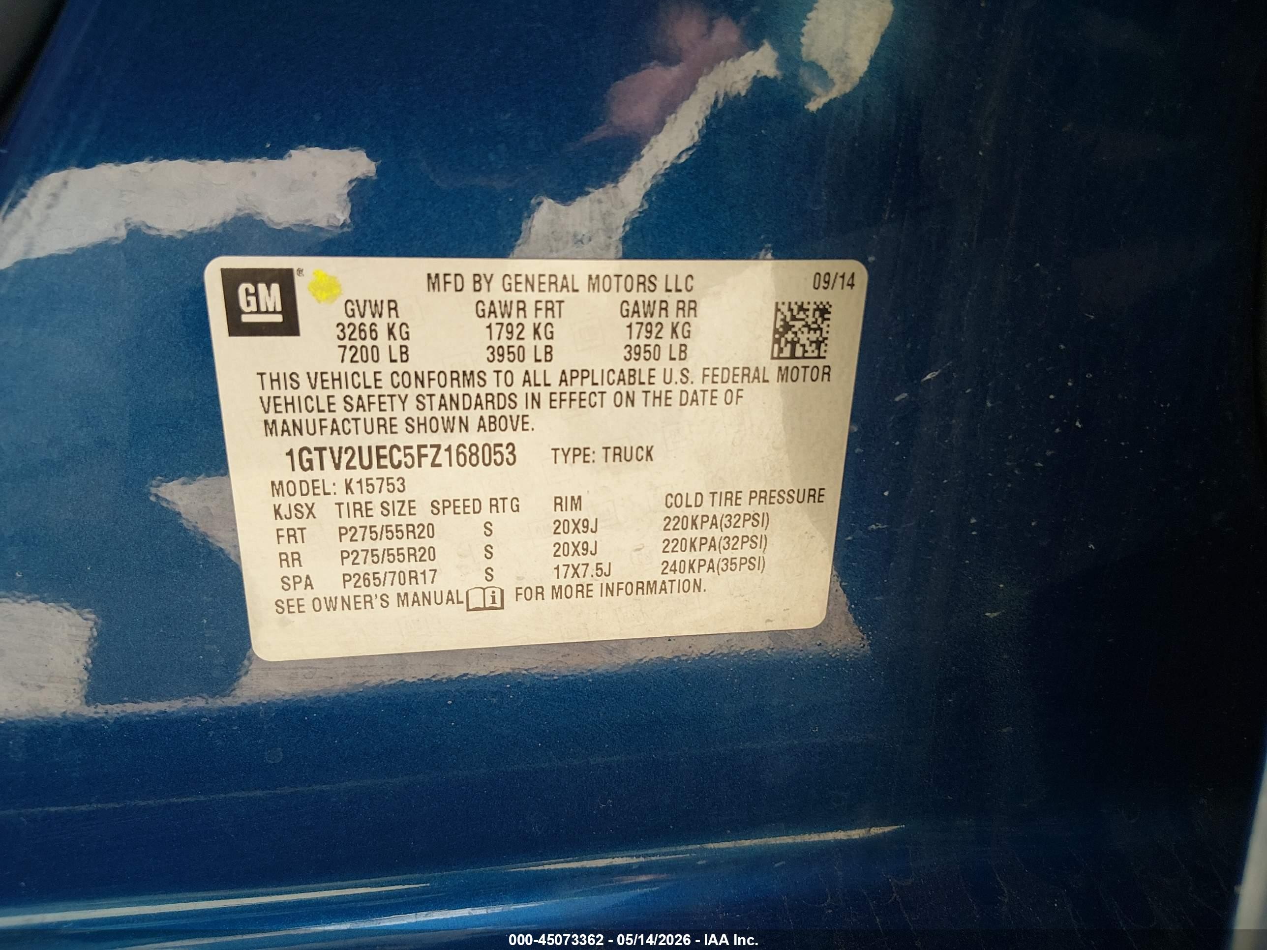2015 Gmc Sierra 1500 Sle Blue vin: 1GTV2UEC5FZ168053