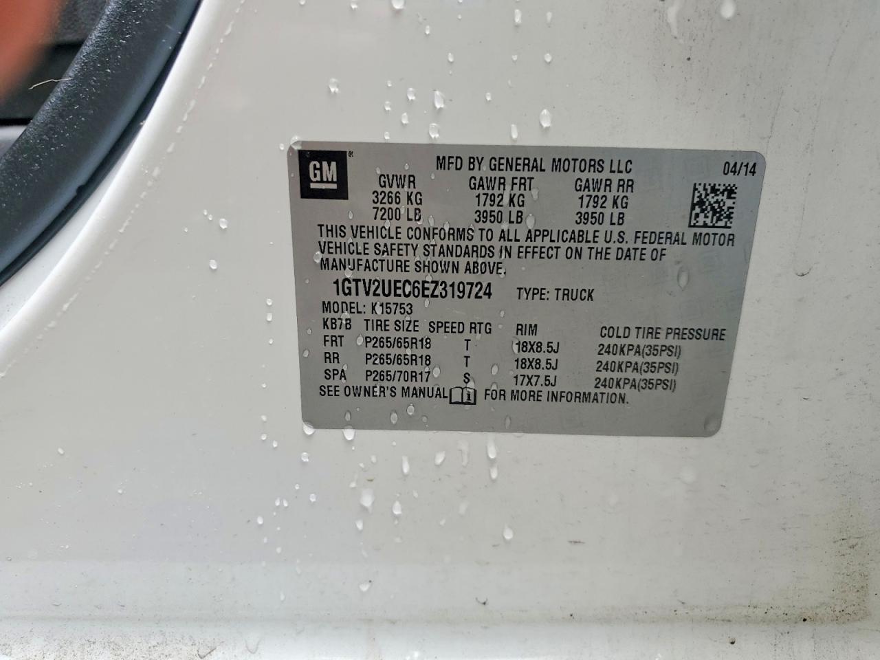2014 Gmc Sierra K1500 Sle White vin: 1GTV2UEC6EZ319724