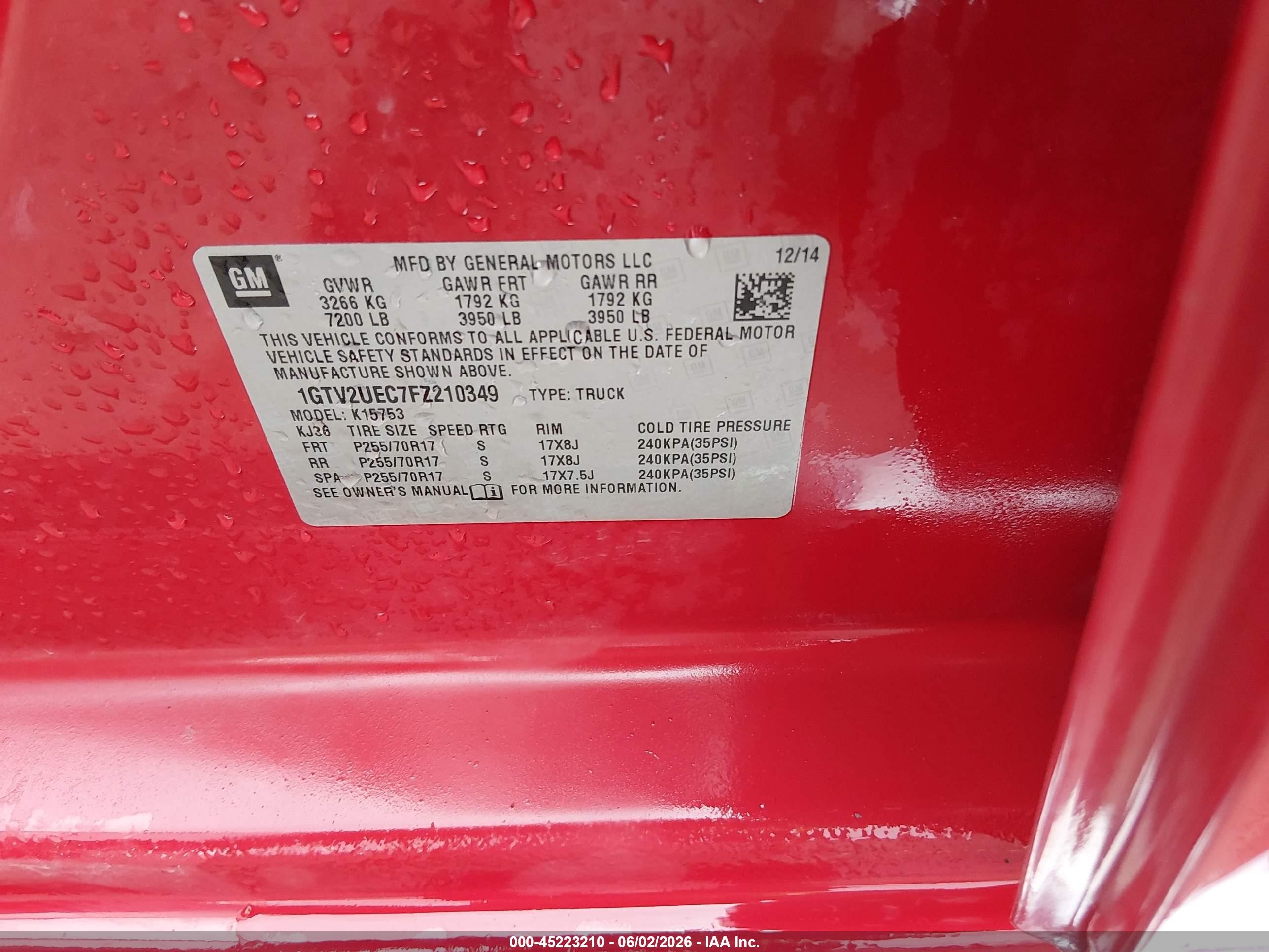 2015 Gmc Sierra 1500 Sle Red vin: 1GTV2UEC7FZ210349