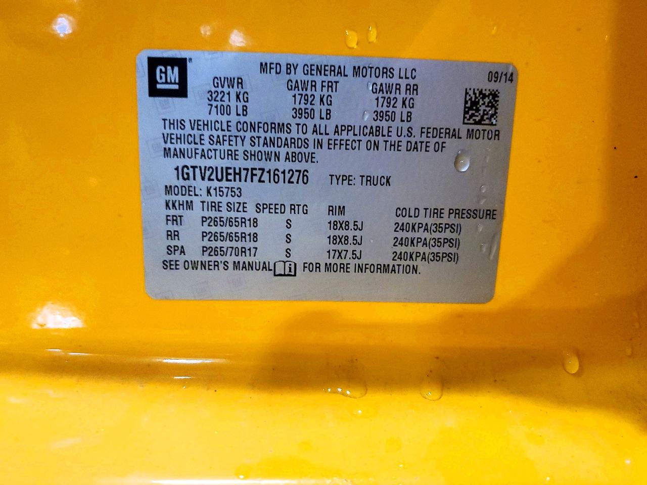 2015 Gmc Sierra K1500 Sle Yellow vin: 1GTV2UEH7FZ161276