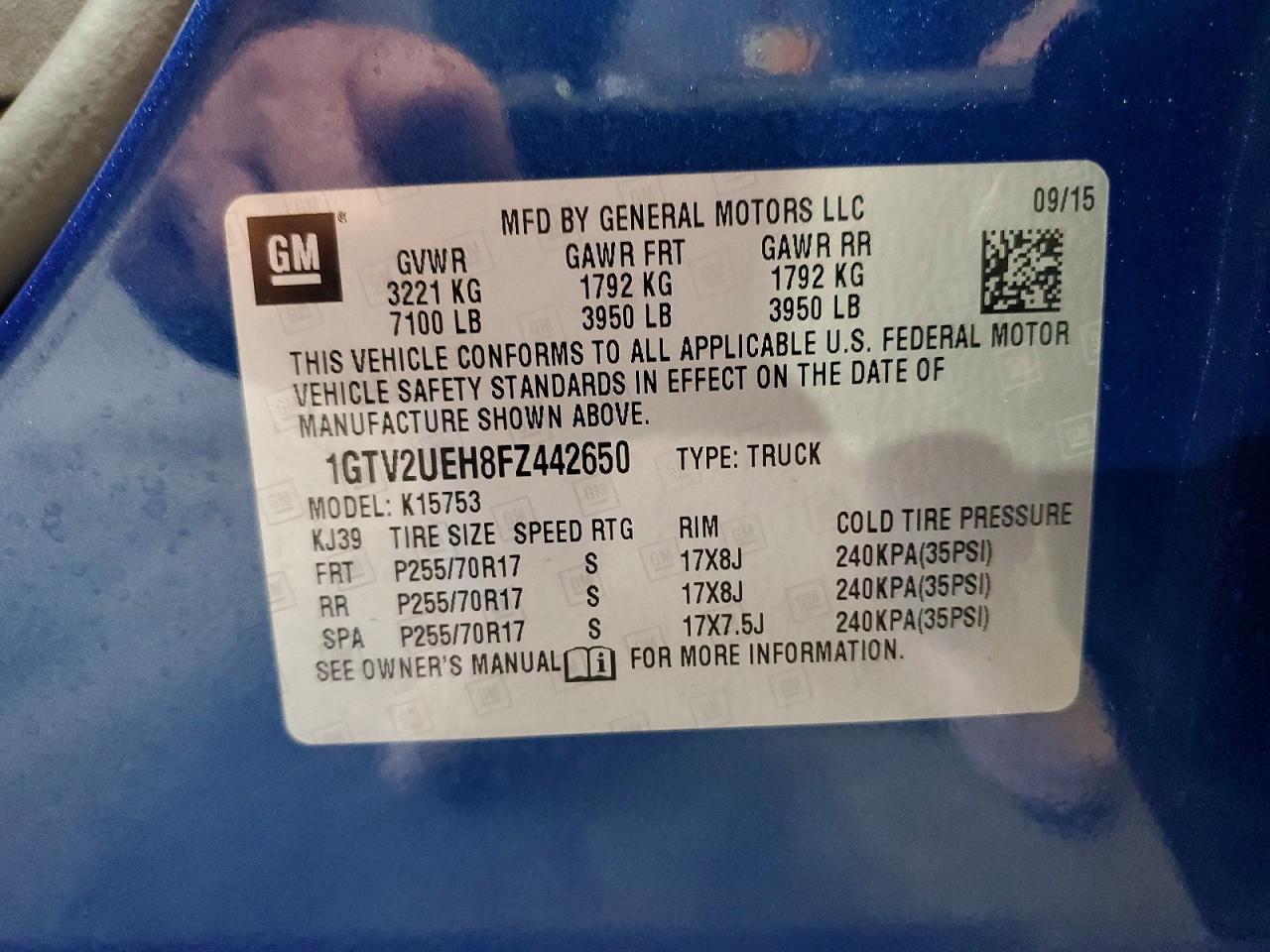 2015 Gmc Sierra K1500 Sle Blue vin: 1GTV2UEH8FZ442650