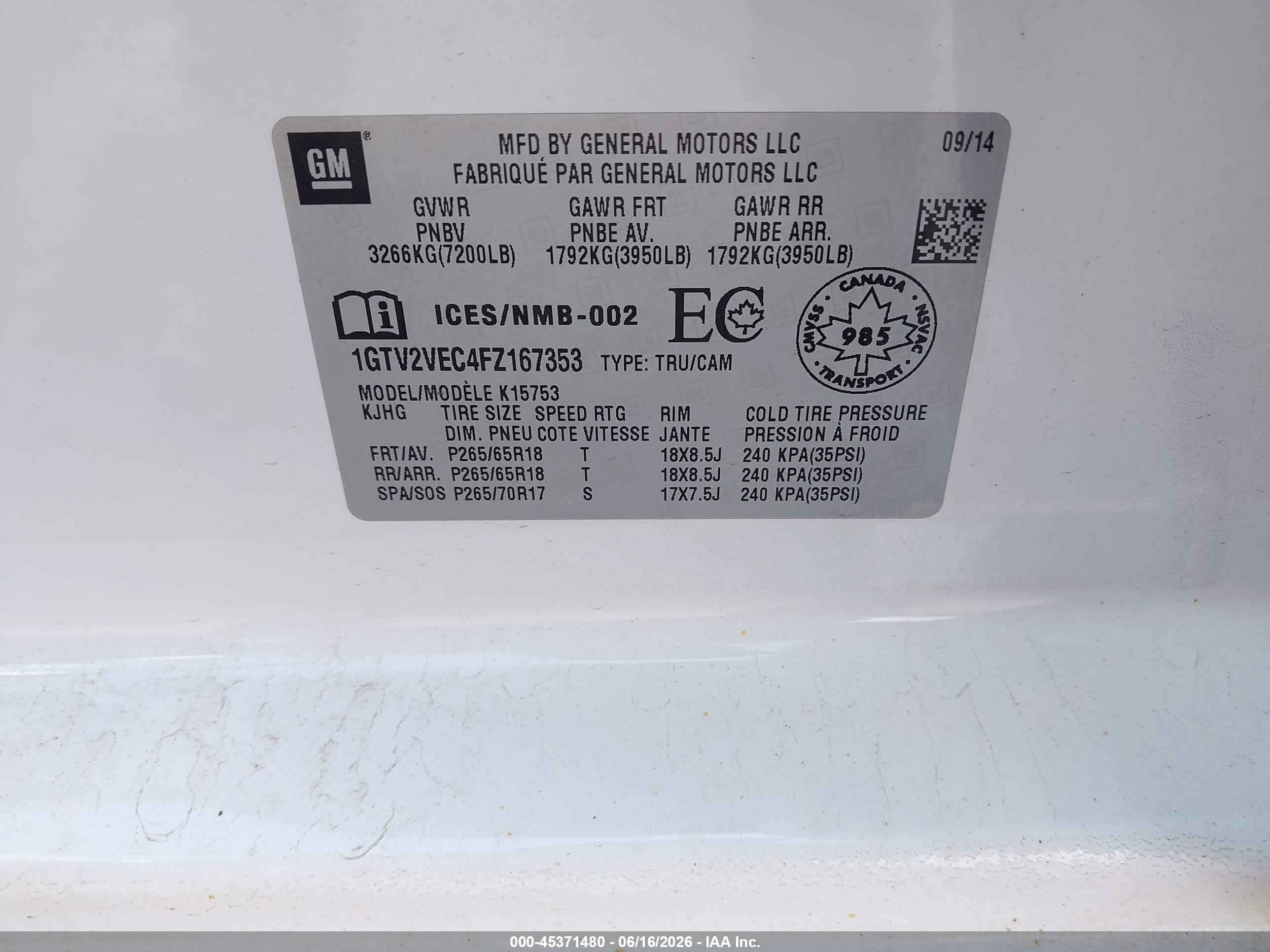 2015 Gmc Sierra 1500 Slt White vin: 1GTV2VEC4FZ167353