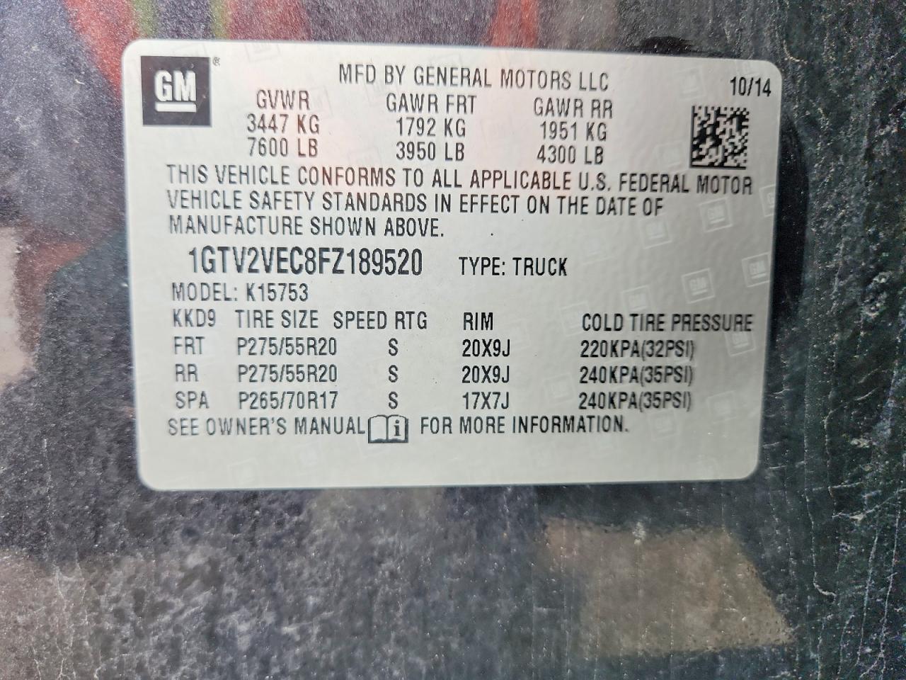 2015 Gmc Sierra K1500 Slt Charcoal vin: 1GTV2VEC8FZ189520