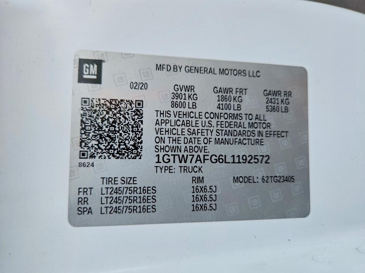 2020 Gmc Savana G2500 White vin: 1GTW7AFG6L1192572