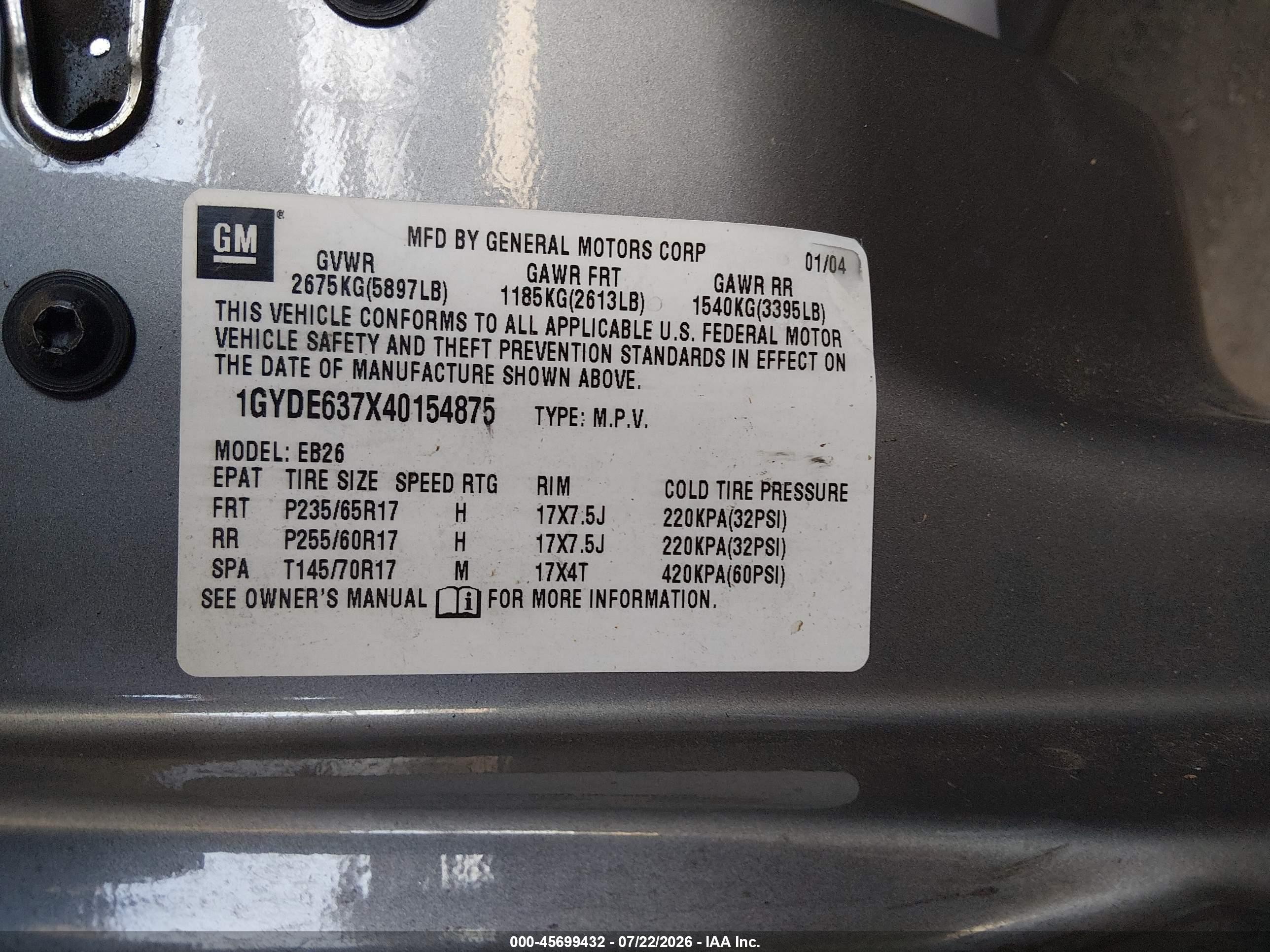 2004 Cadillac Srx Standard Gray vin: 1GYDE637X40154875