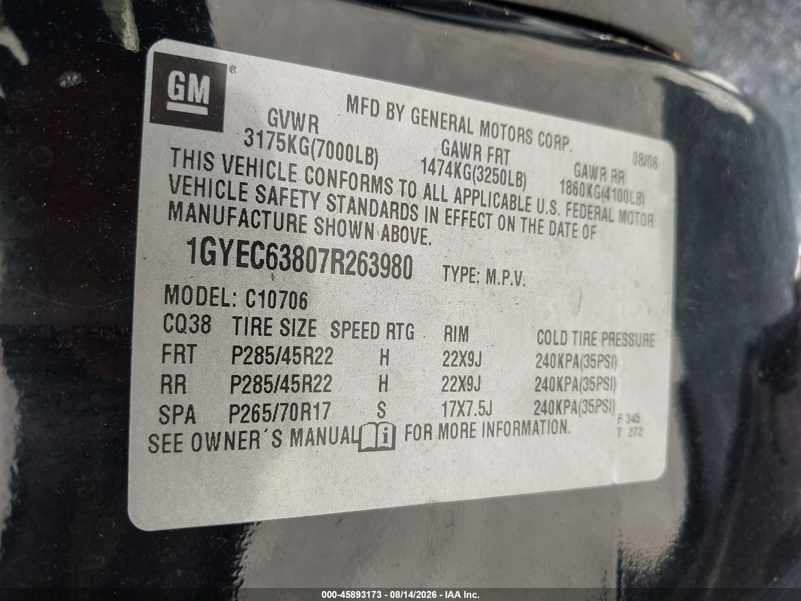 2007 Cadillac Escalade   Black vin: 1GYEC63807R263980