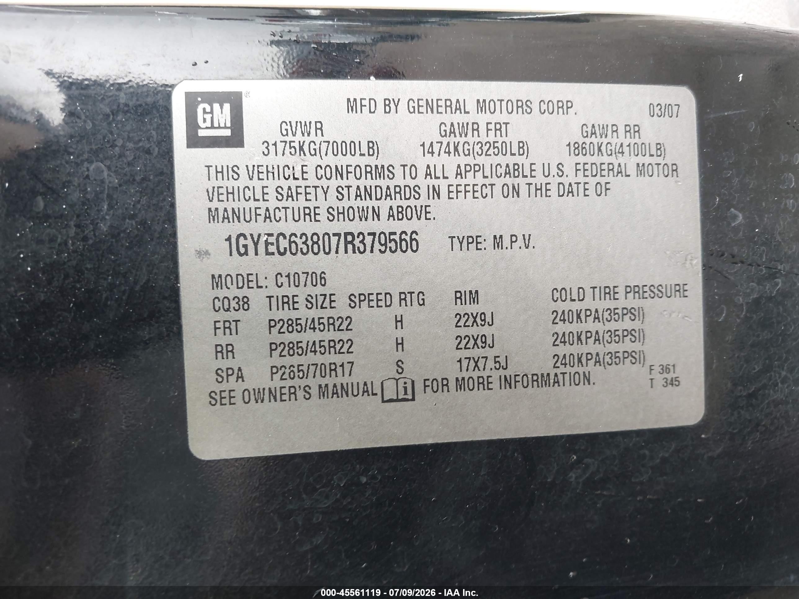 2007 Cadillac Escalade   Black vin: 1GYEC63807R379566