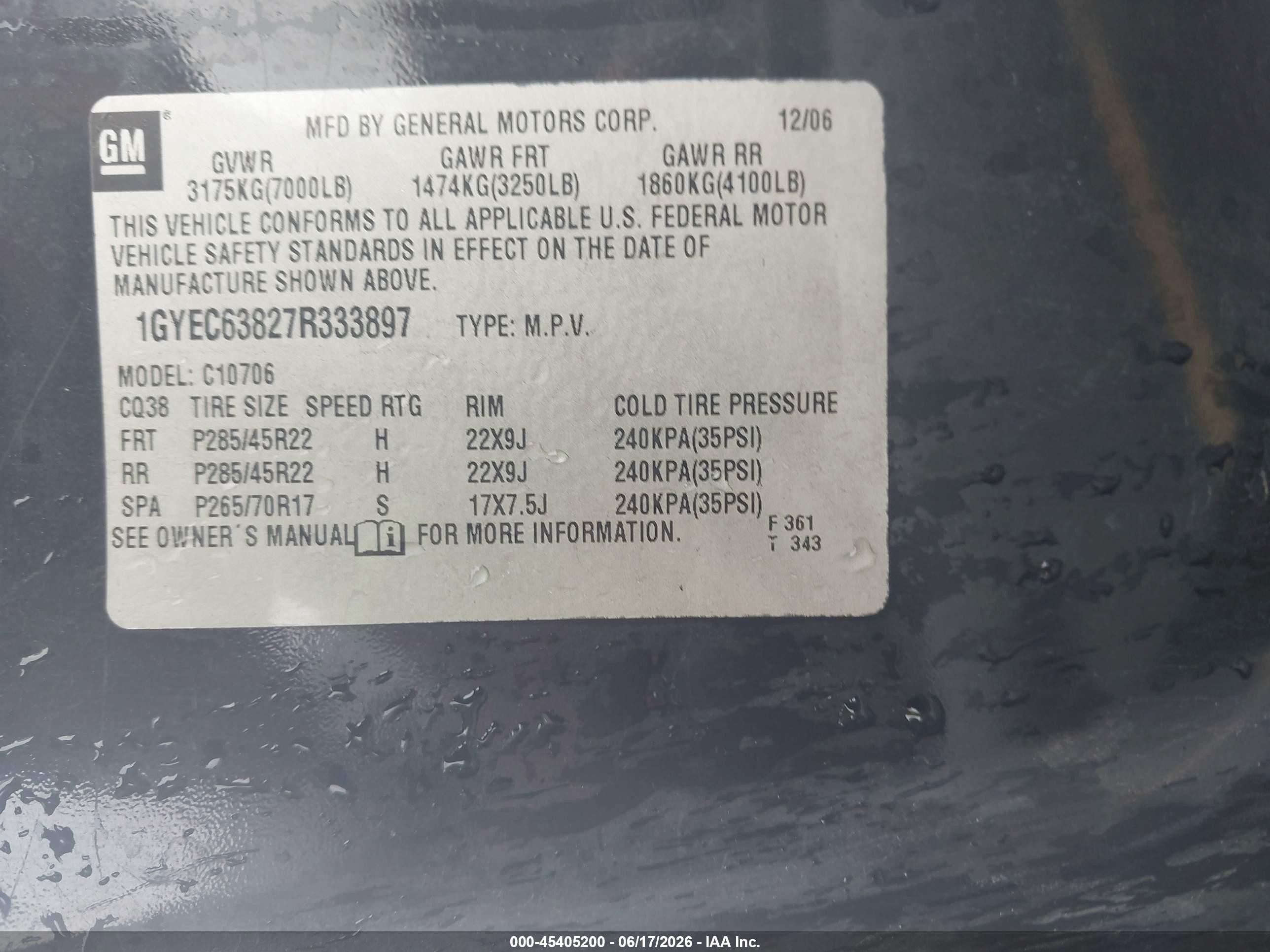 2007 Cadillac Escalade Standard Черный vin: 1GYEC63827R333897