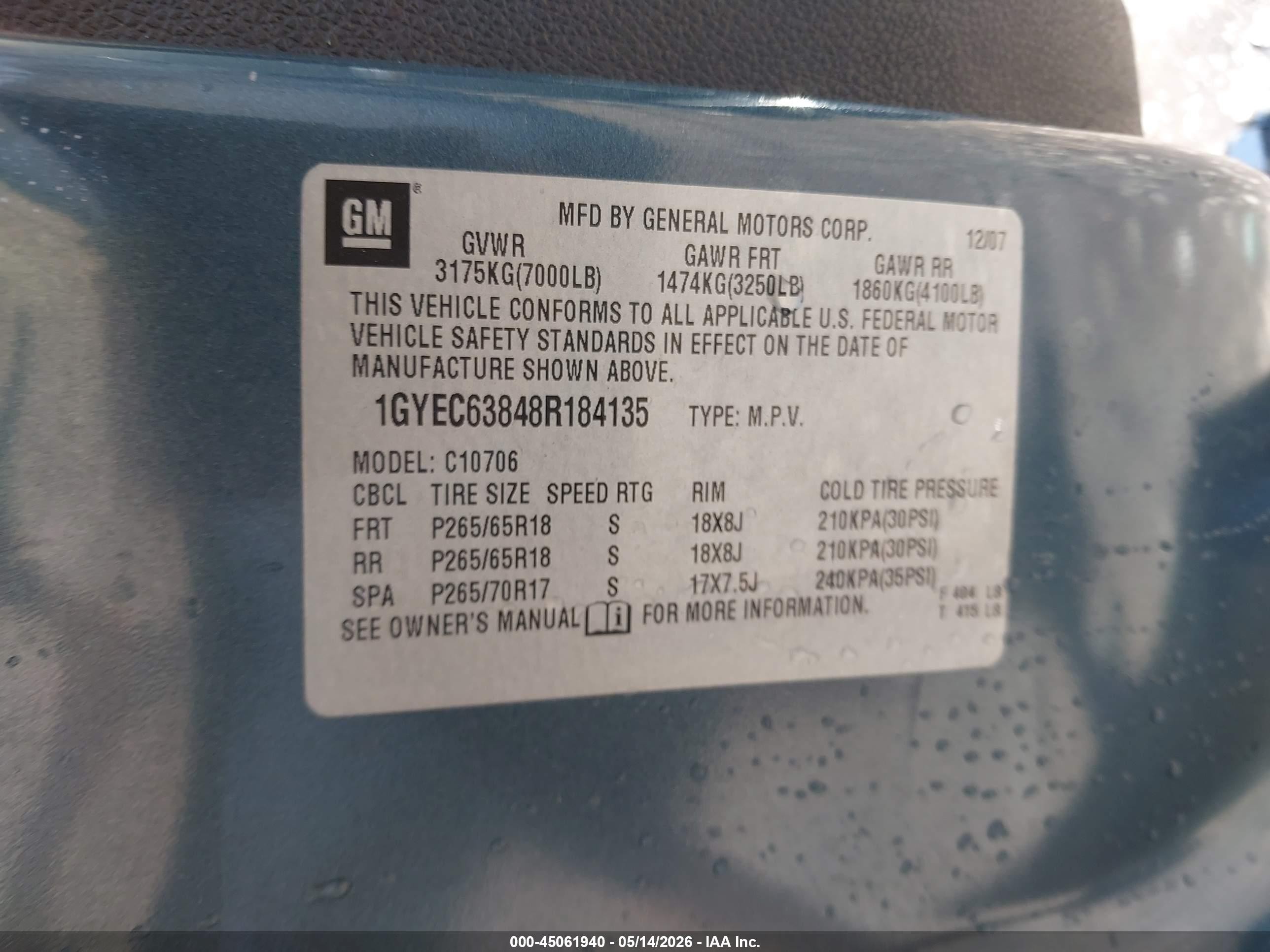 2008 Cadillac Escalade Standard Blue vin: 1GYEC63848R184135