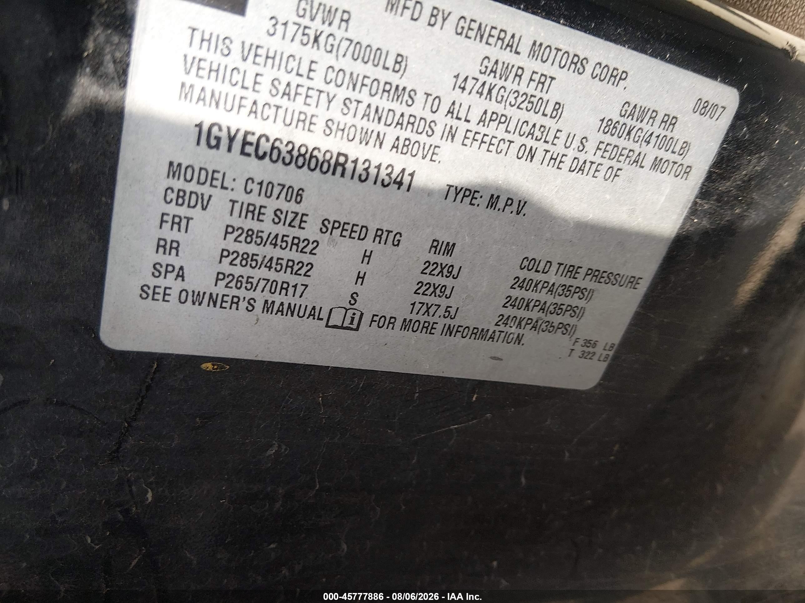 2008 Cadillac Escalade   Black vin: 1GYEC63868R131341