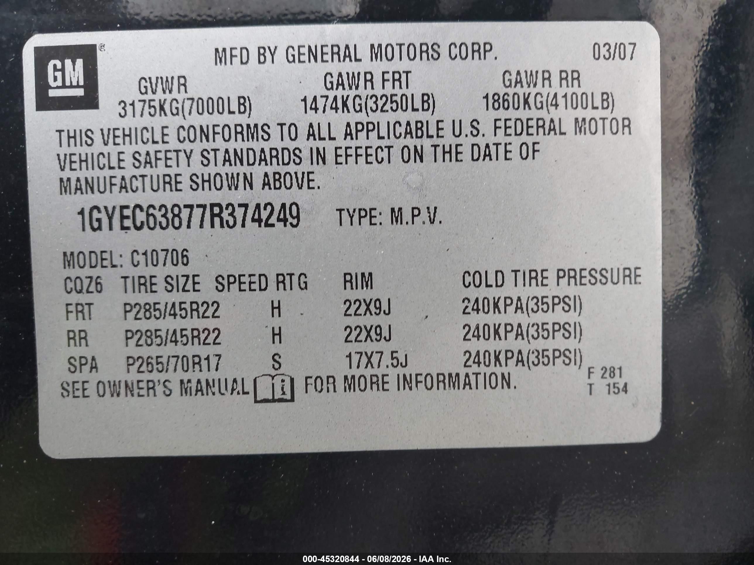 2007 Cadillac Escalade Standard Black vin: 1GYEC63877R374249